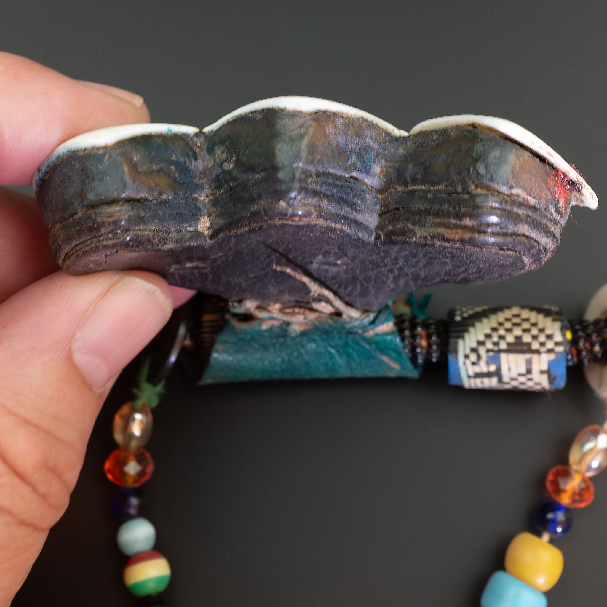 Vintage Tuareg Leather & Shell Khomissar Amulet Necklace, Niger/Mali