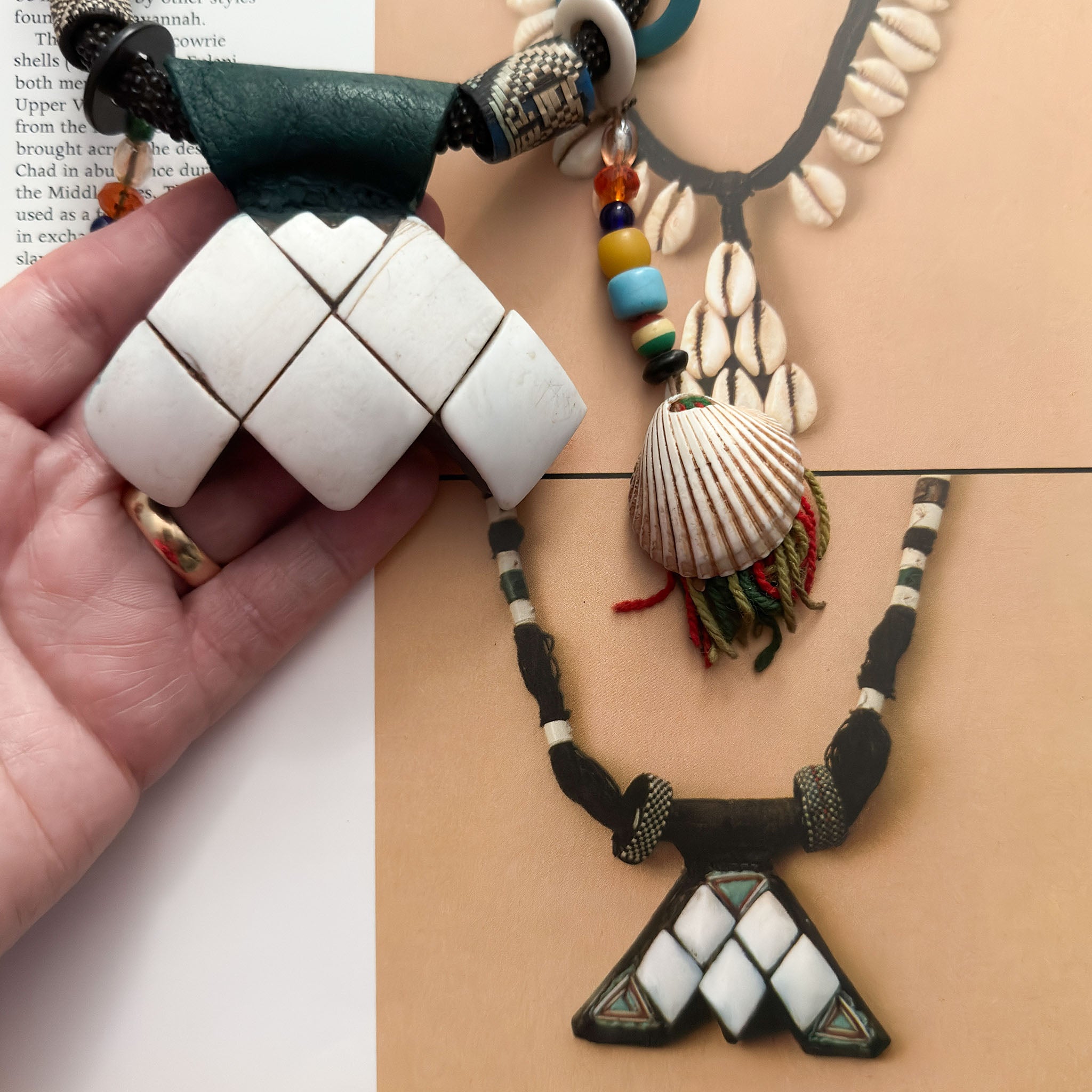 Vintage Tuareg Leather & Shell Khomissar Amulet Necklace, Niger/Mali