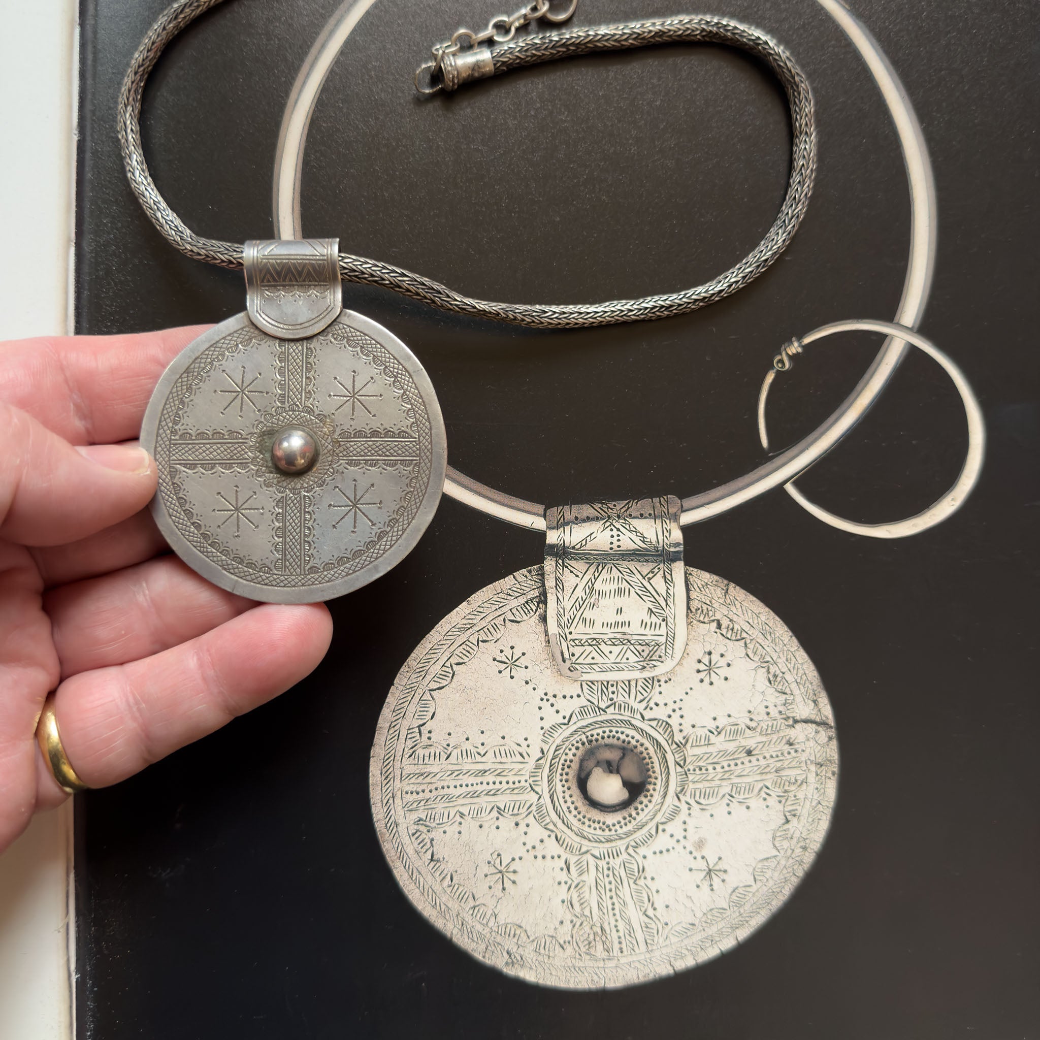 Old Silver Siwa Disc 'Adrim' Pendant & Chain, Egypt