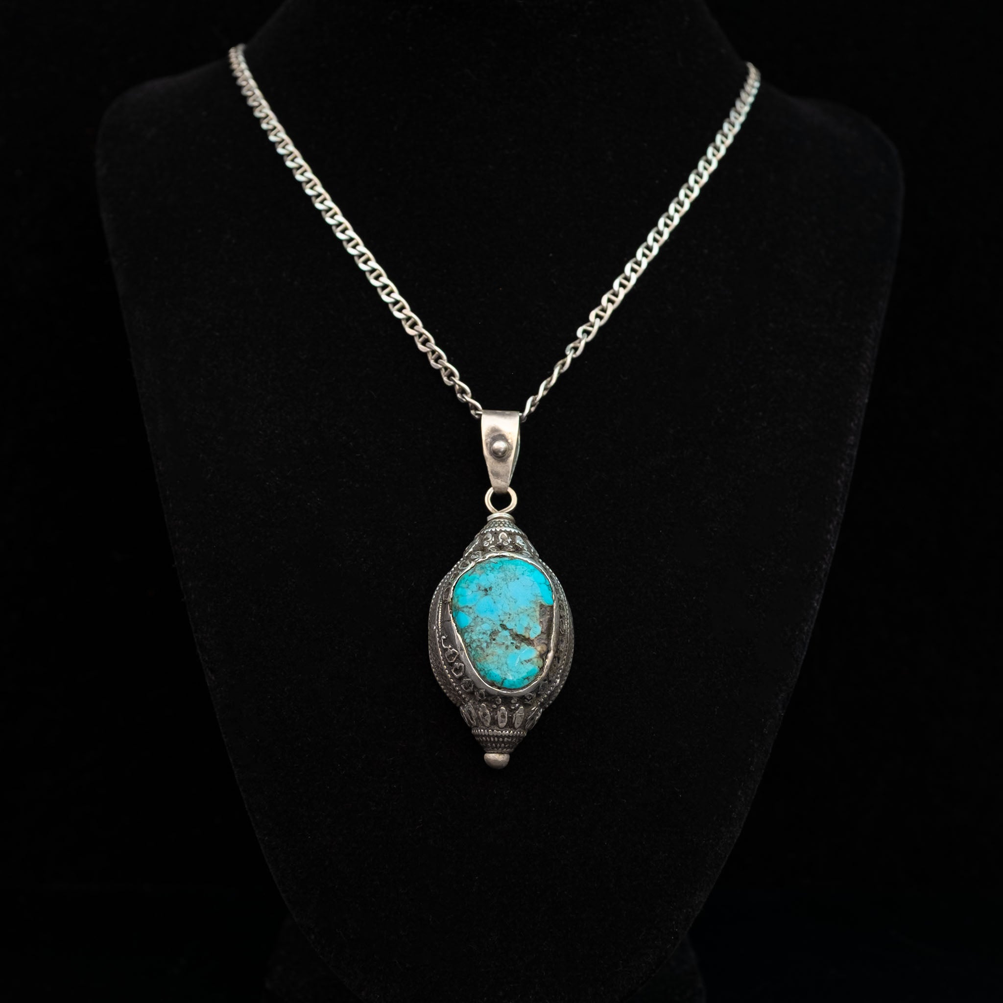 Antique Tibetan Hair Ornament Pendant & Silver Chain