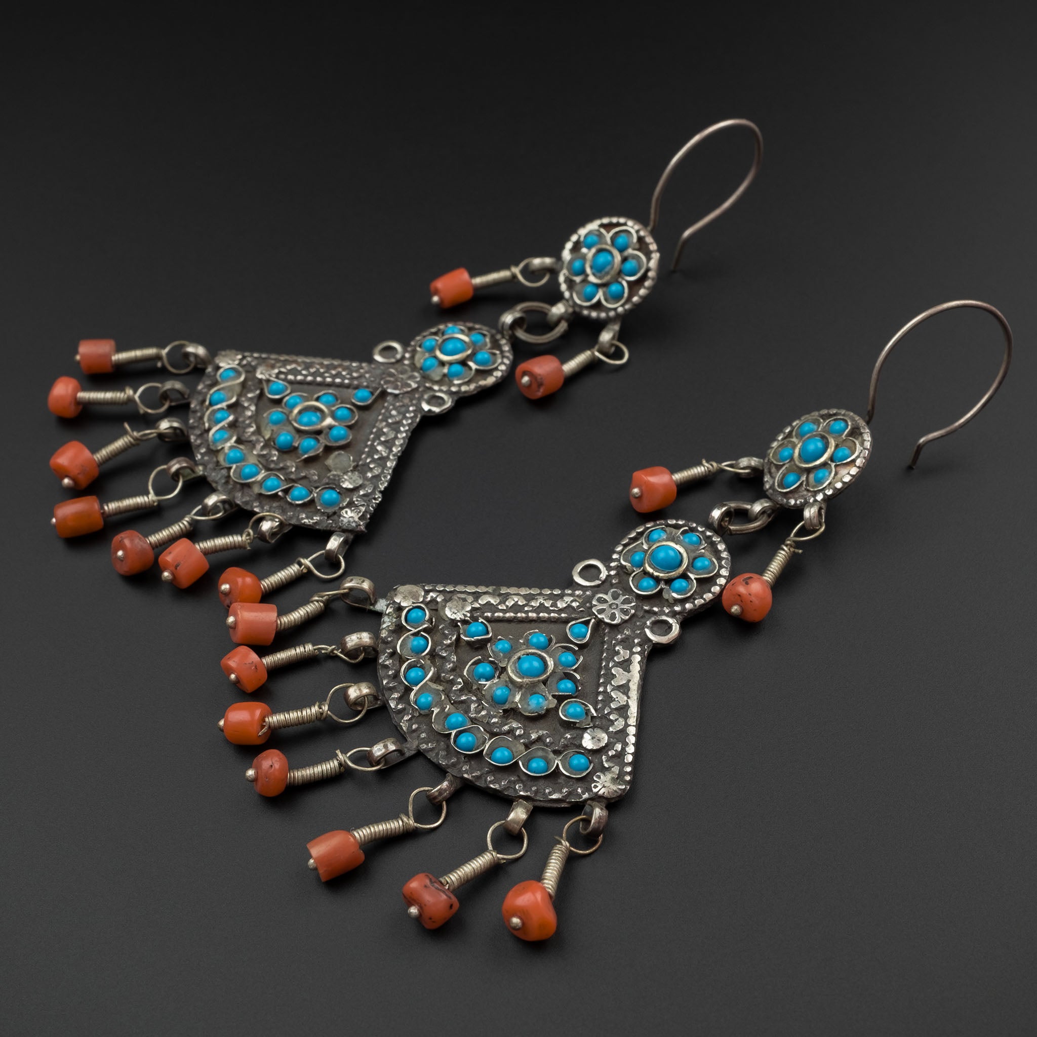 Vintage Silver, Coral & Glass Uzbek Earrings