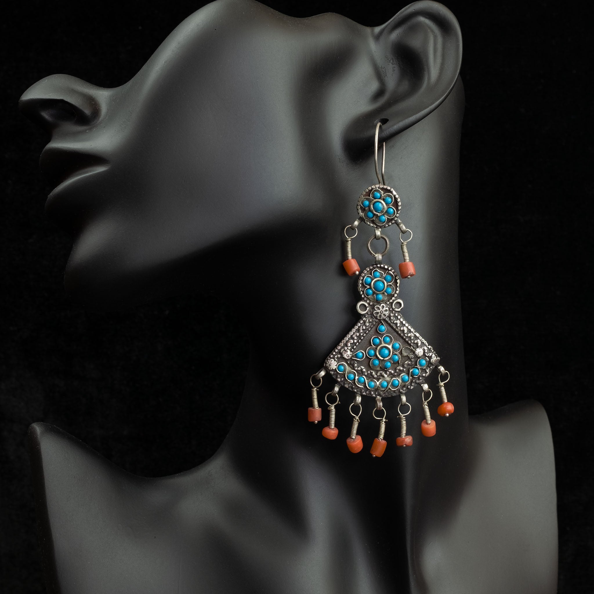 Vintage Silver, Coral & Glass Uzbek Earrings