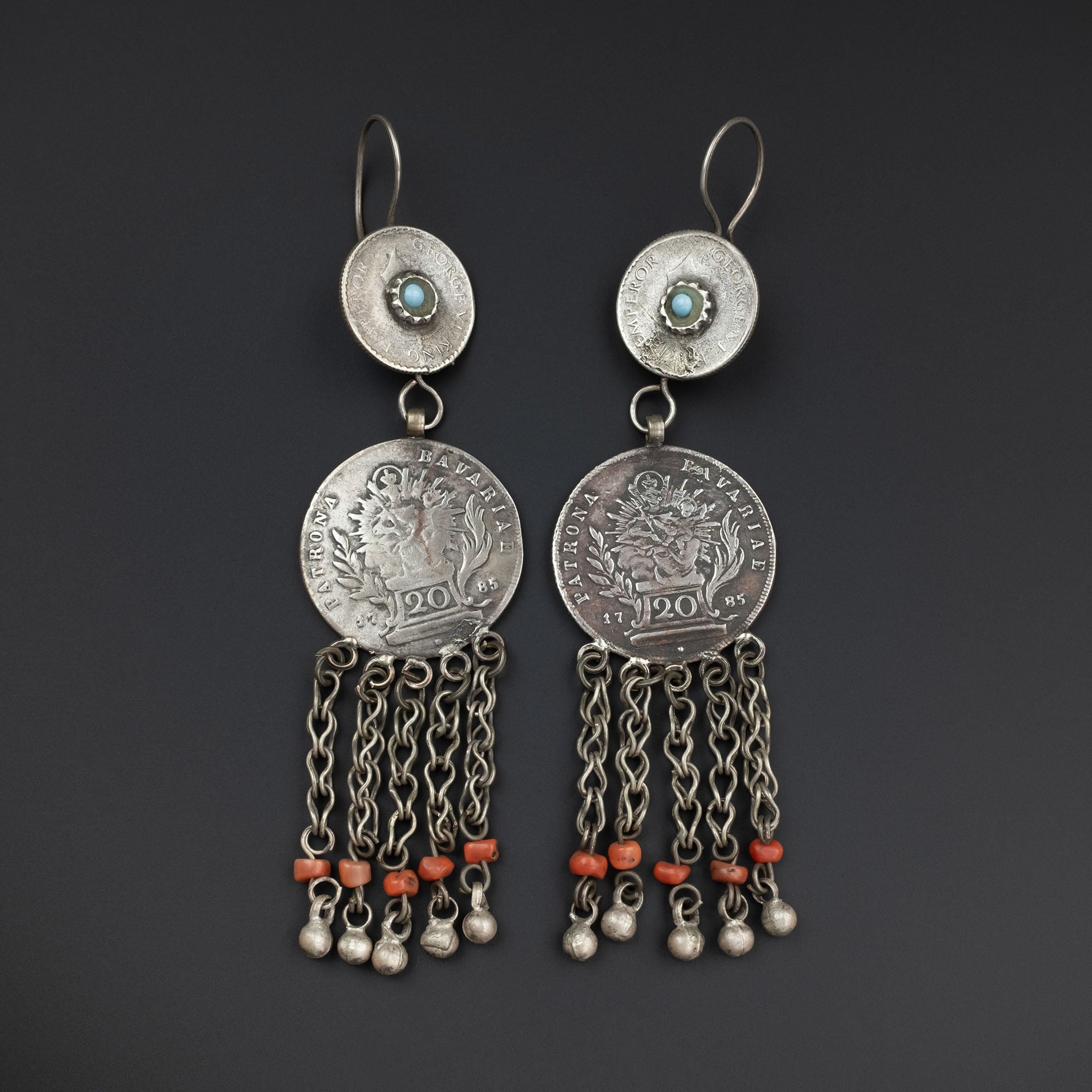 Vintage Silver & Coral Uzbek Coin Earrings
