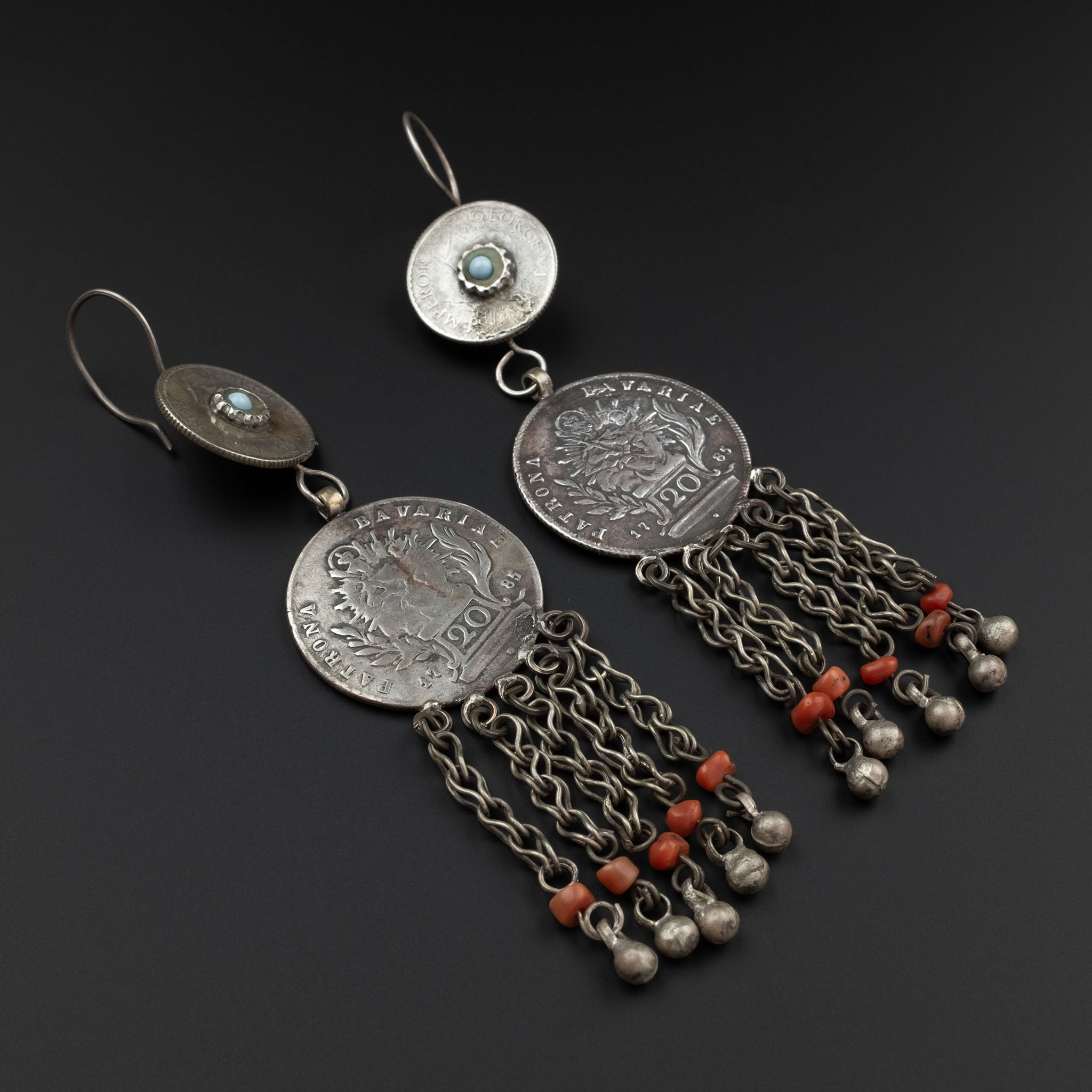 Vintage Silver & Coral Uzbek Coin Earrings