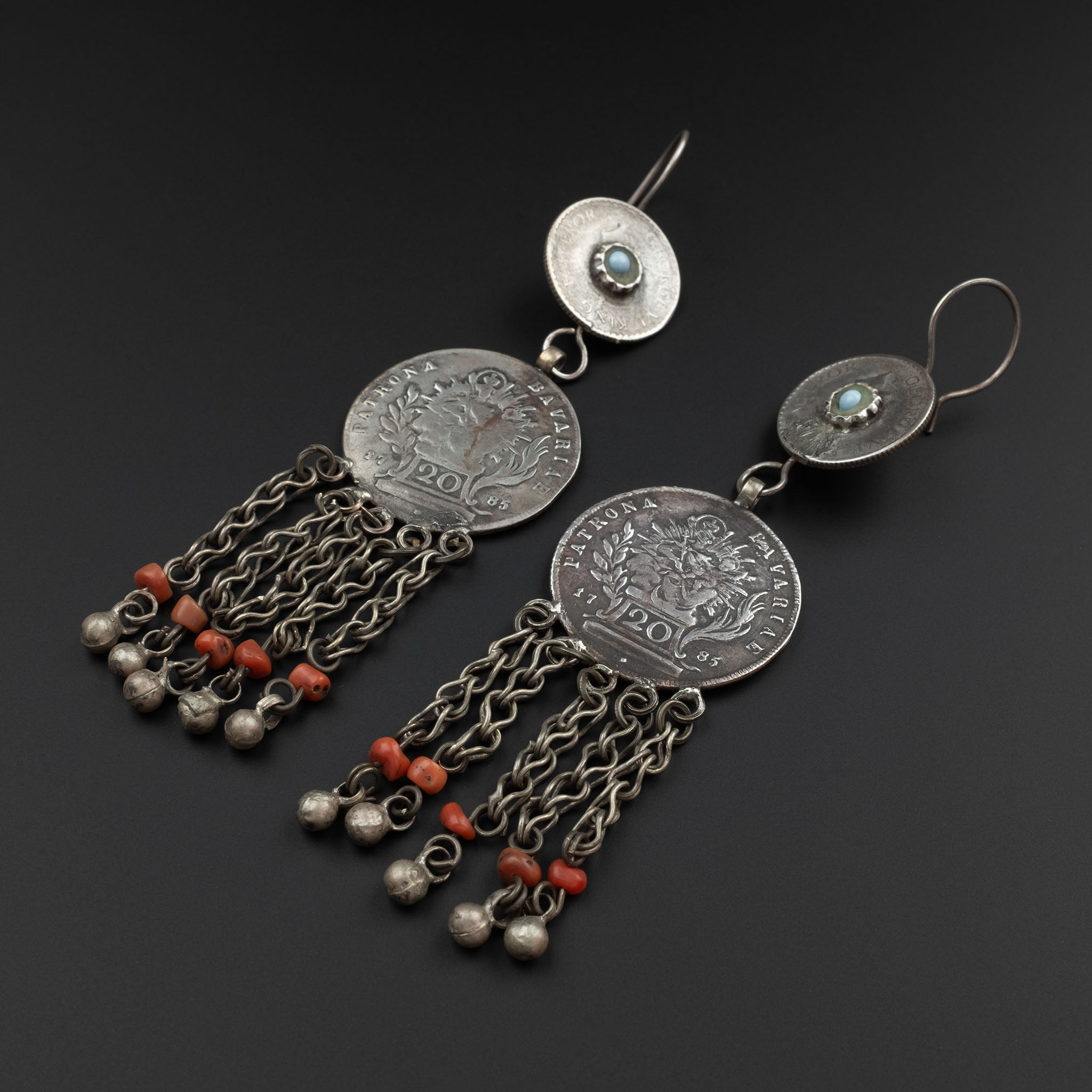 Vintage Silver & Coral Uzbek Coin Earrings