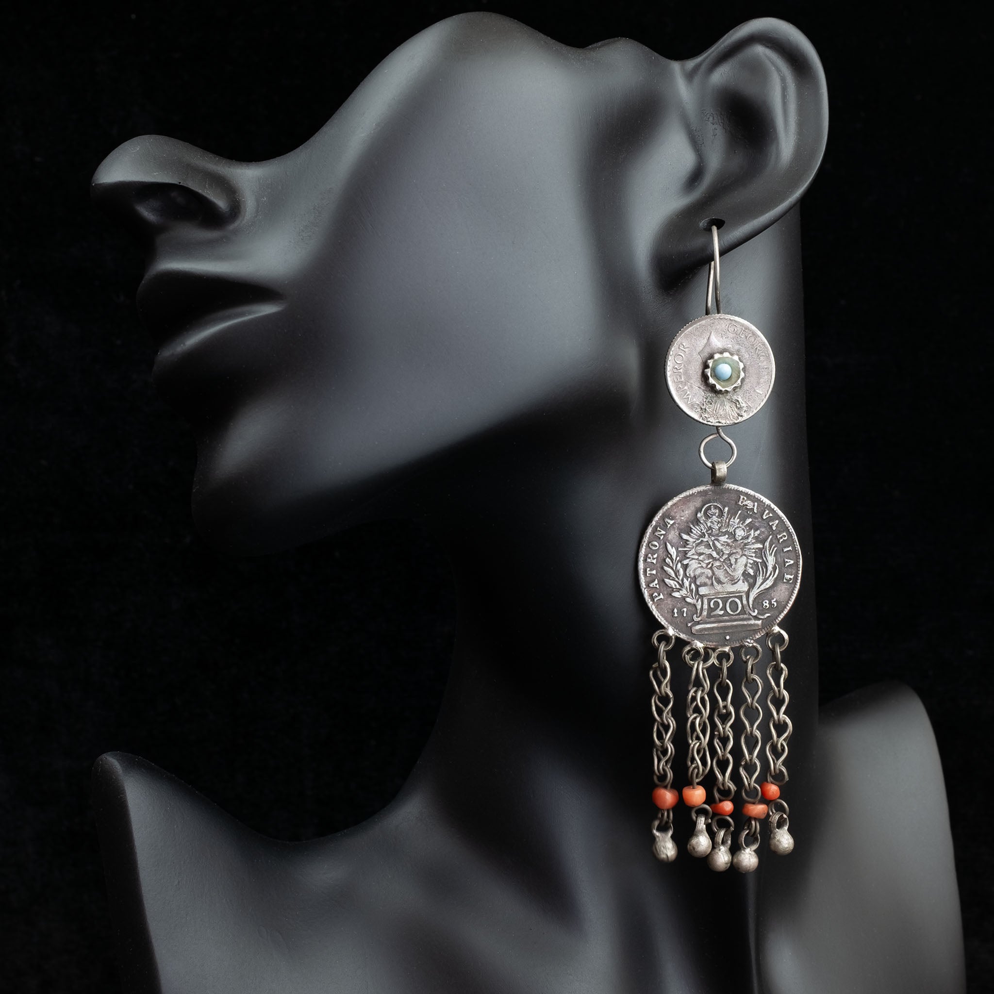 Vintage Silver & Coral Uzbek Coin Earrings