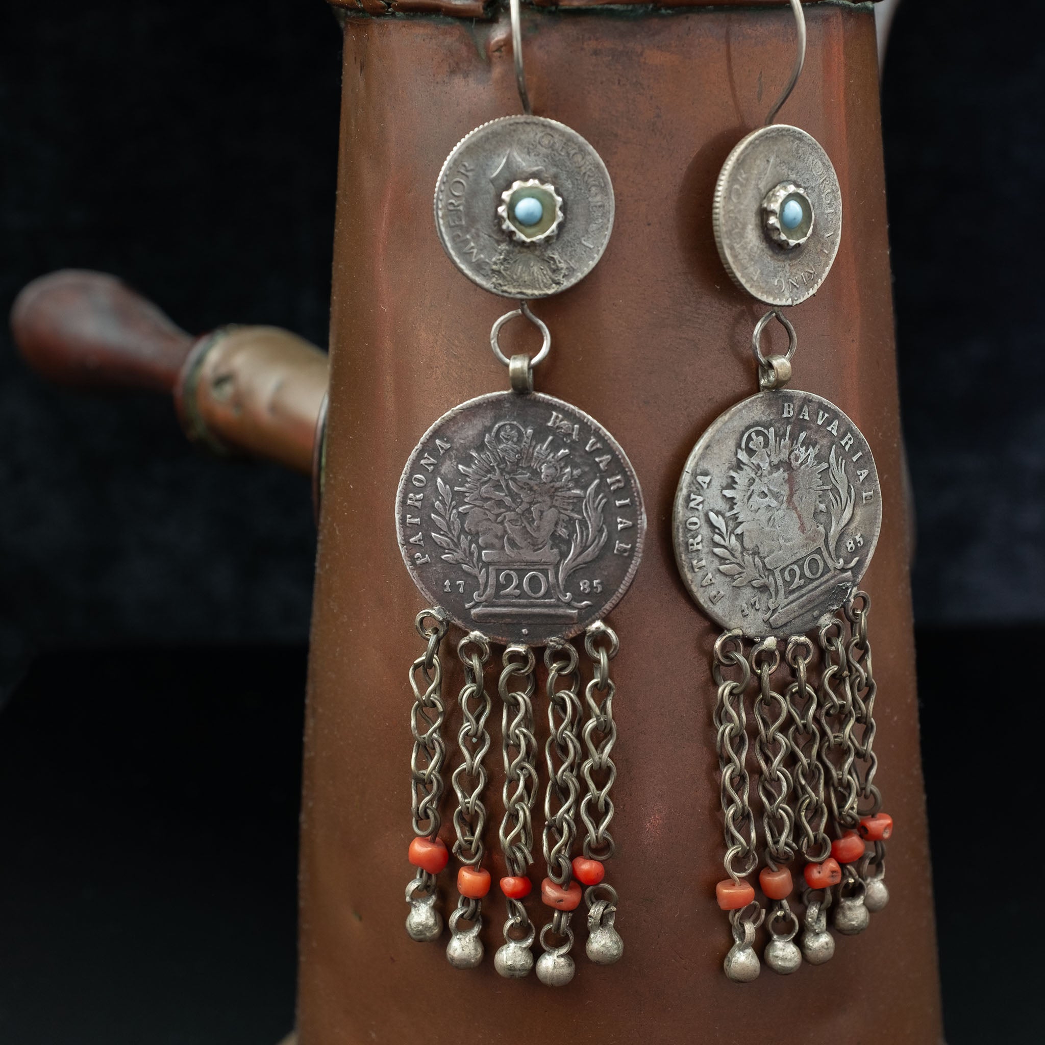 Vintage Silver & Coral Uzbek Coin Earrings