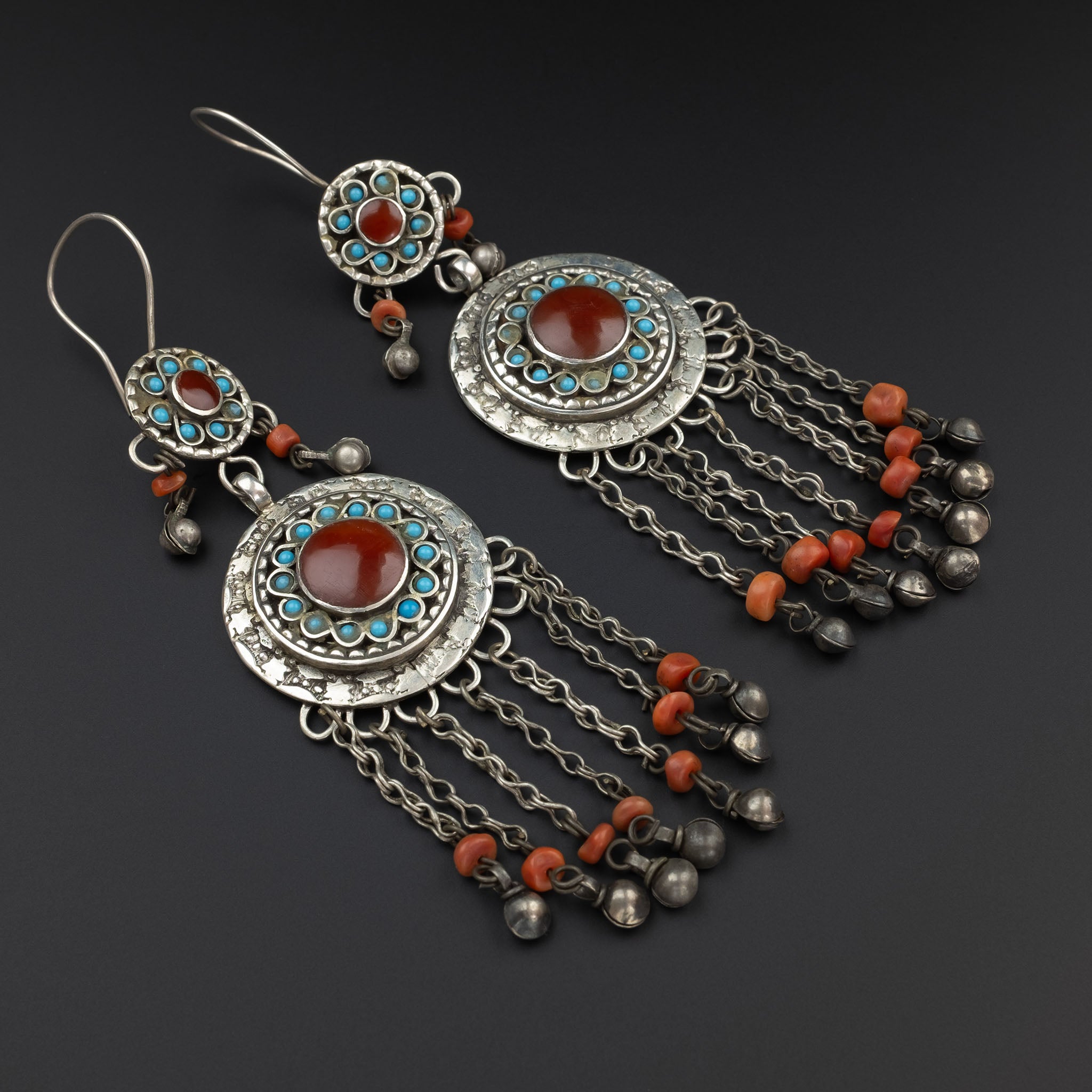Exquisite Vintage Silver, Carnelian & Turquoise Uzbek Earrings