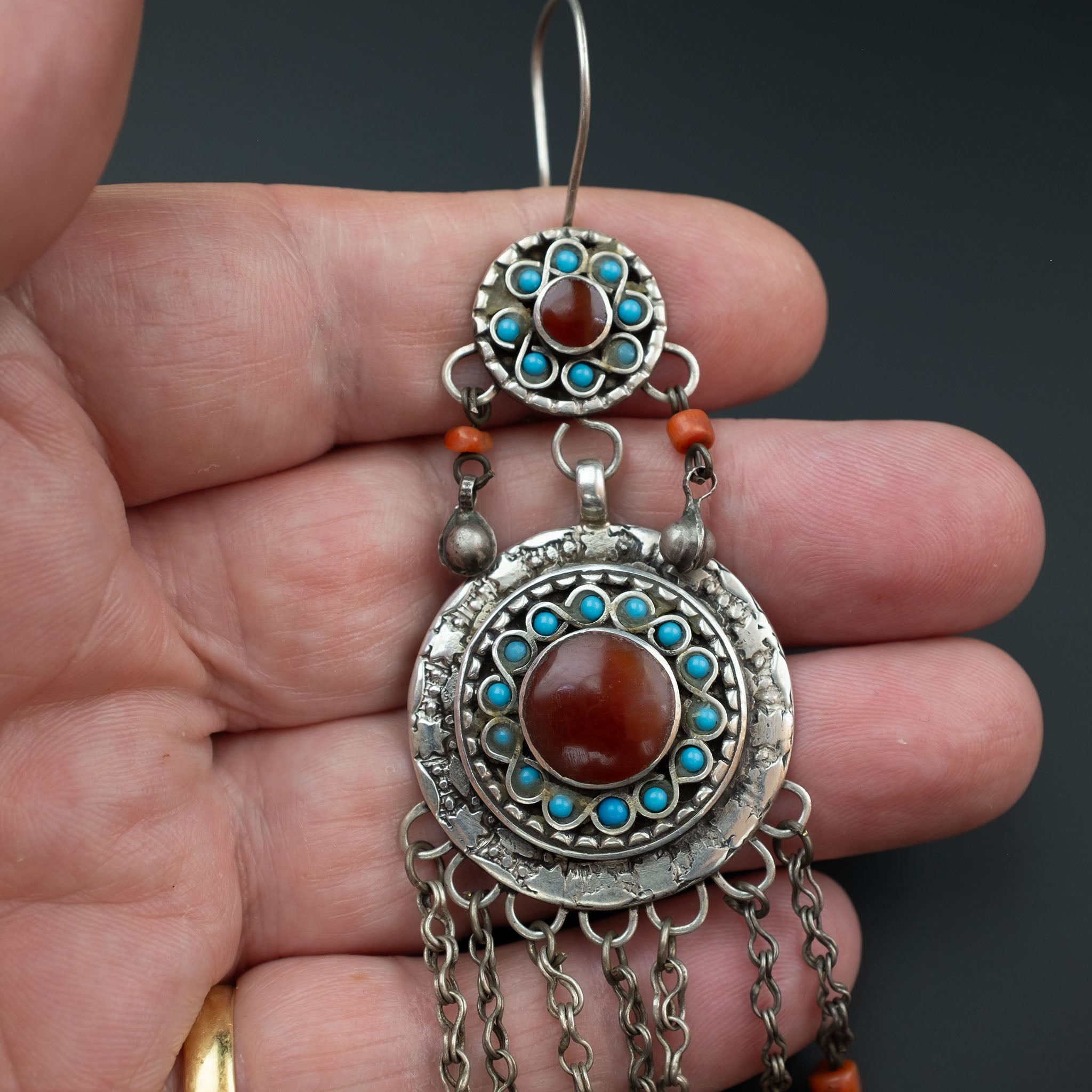 Exquisite Vintage Silver, Carnelian & Turquoise Uzbek Earrings