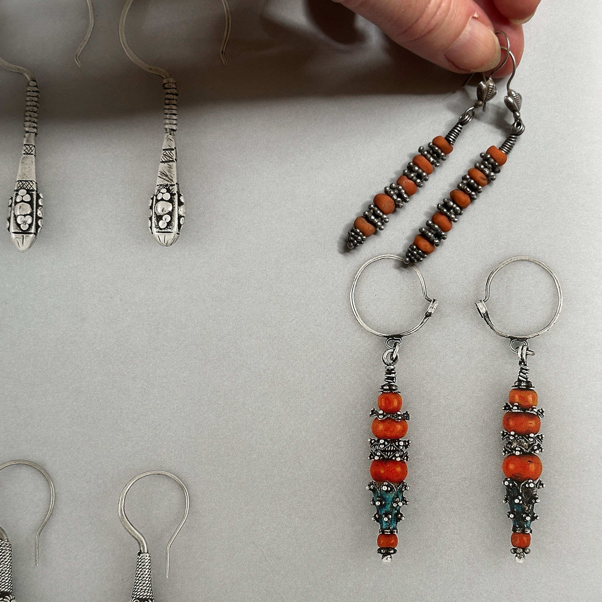 Vintage Uzbek Silver & Coral Earrings, Central Asia