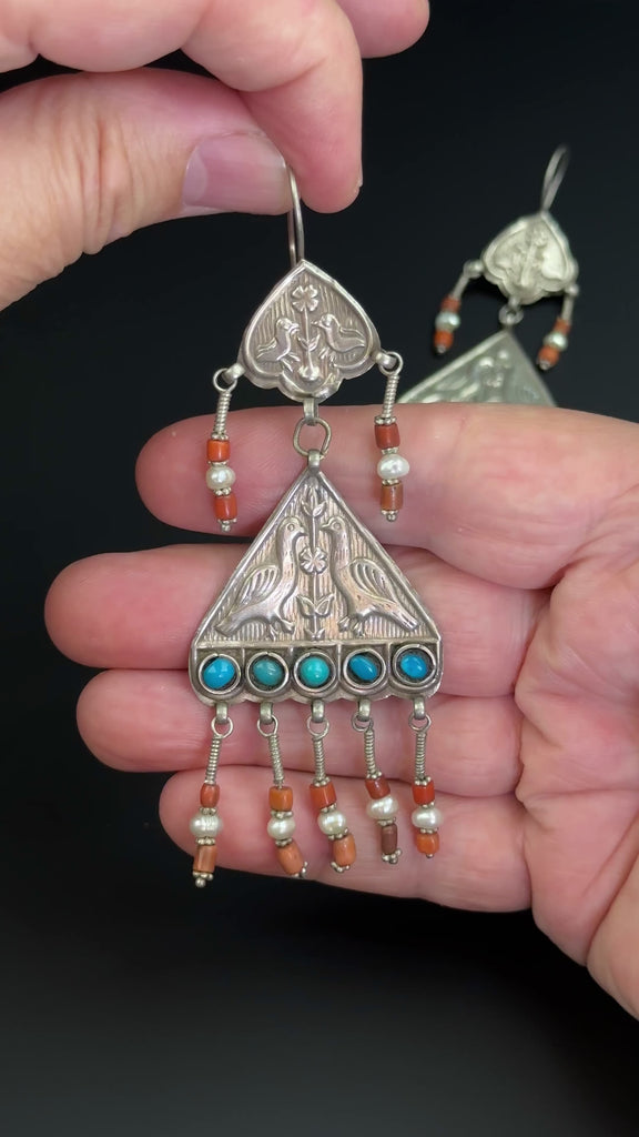 Vintage Silver Bukharan Uzbek Earrings, Central Asia