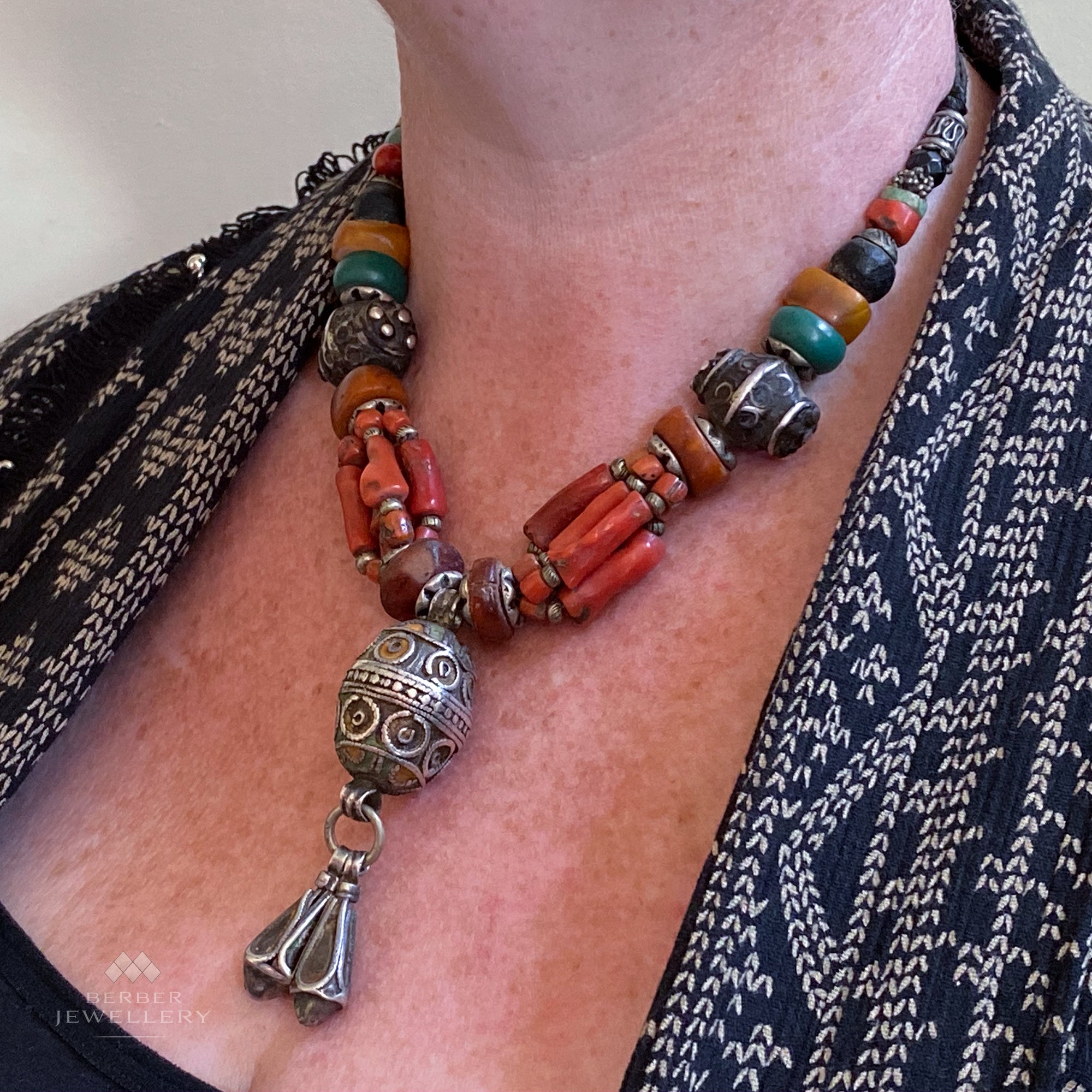 Vintage Berber Necklace with Coral& Amber | Vintage Ethnic Jewellery