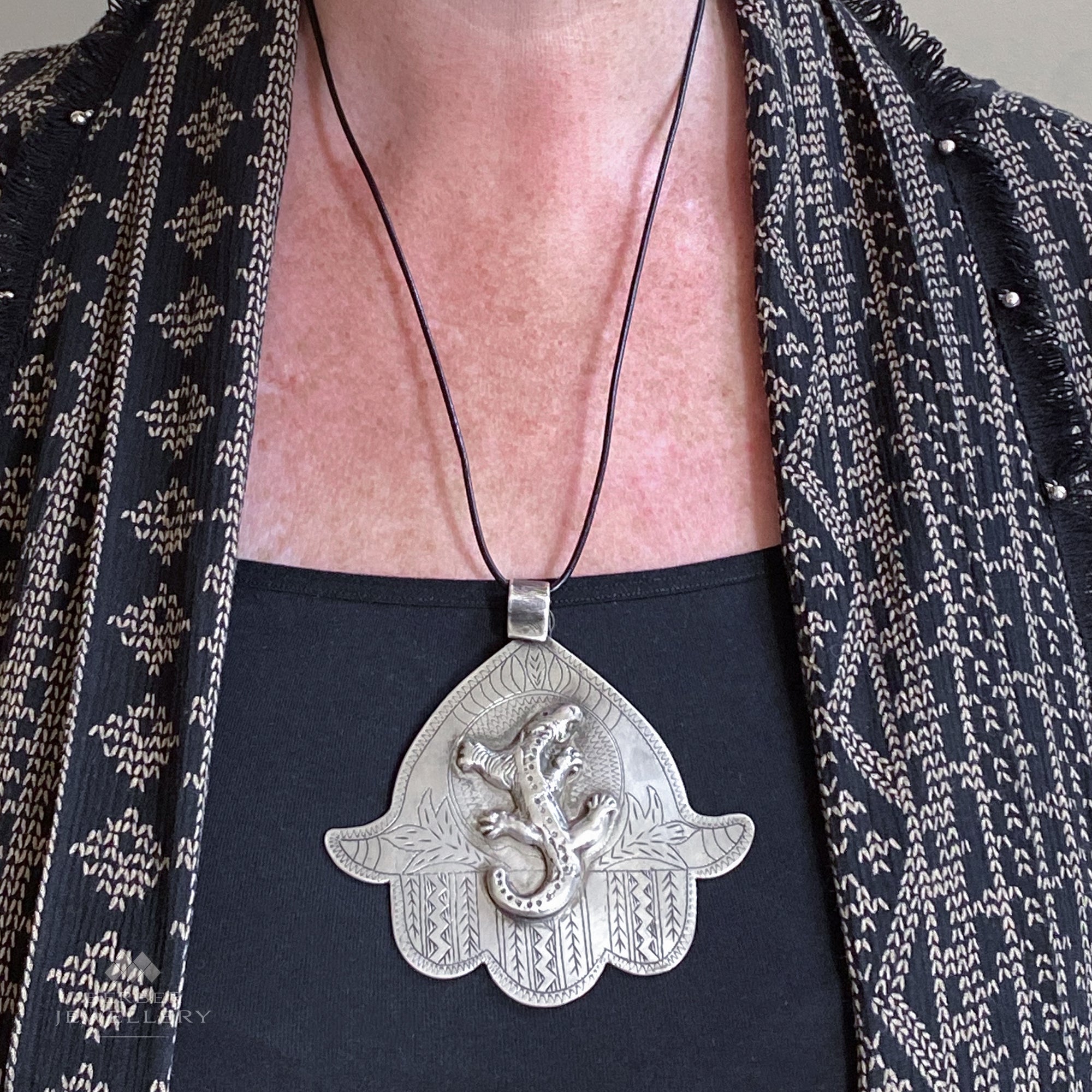 Old Moroccan Silver 'Hand of Fatima' Khamsa (Hamsa) Pendant with Salamander - Large