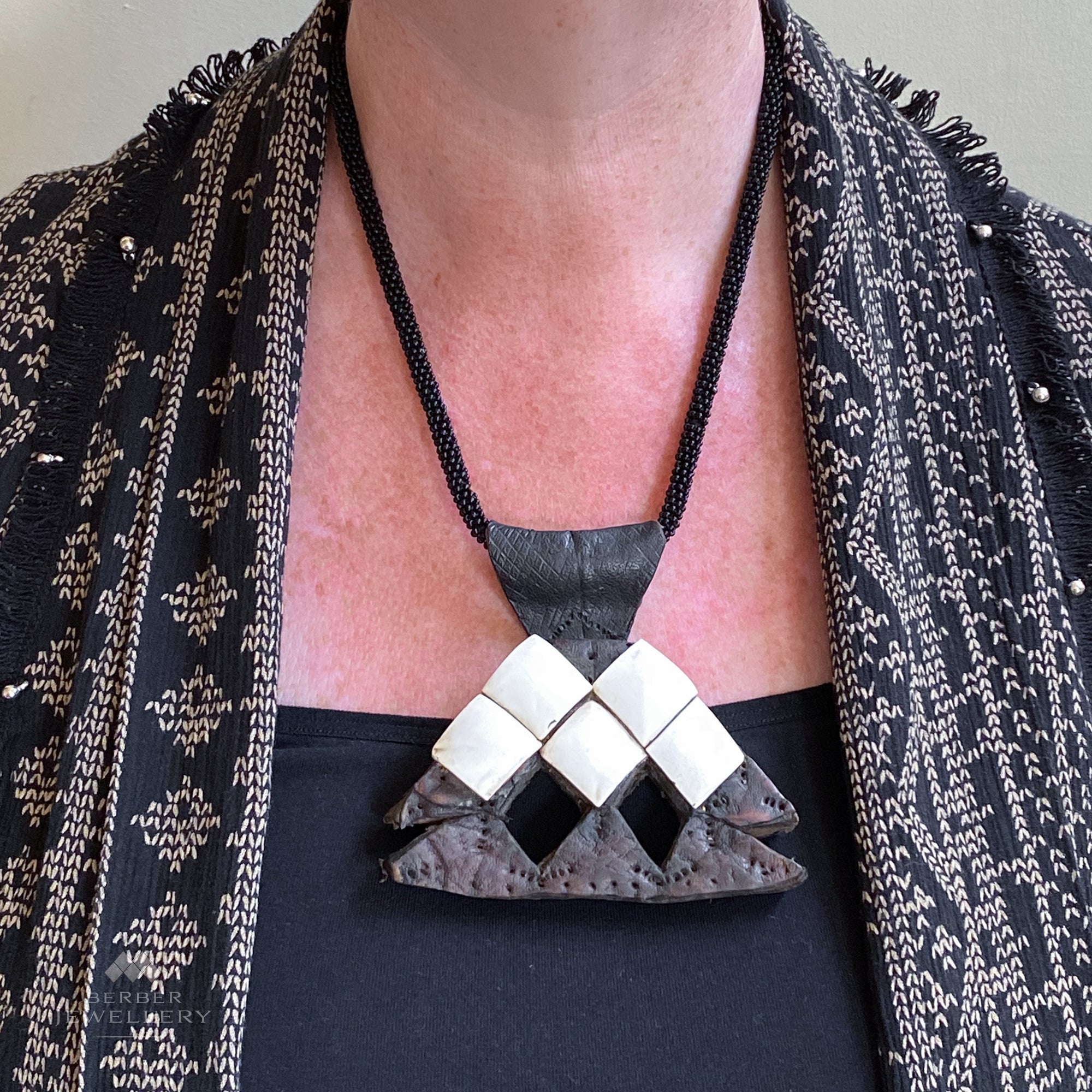 Berber Jewellery | Vintage leather khomissar necklace with onyx cord