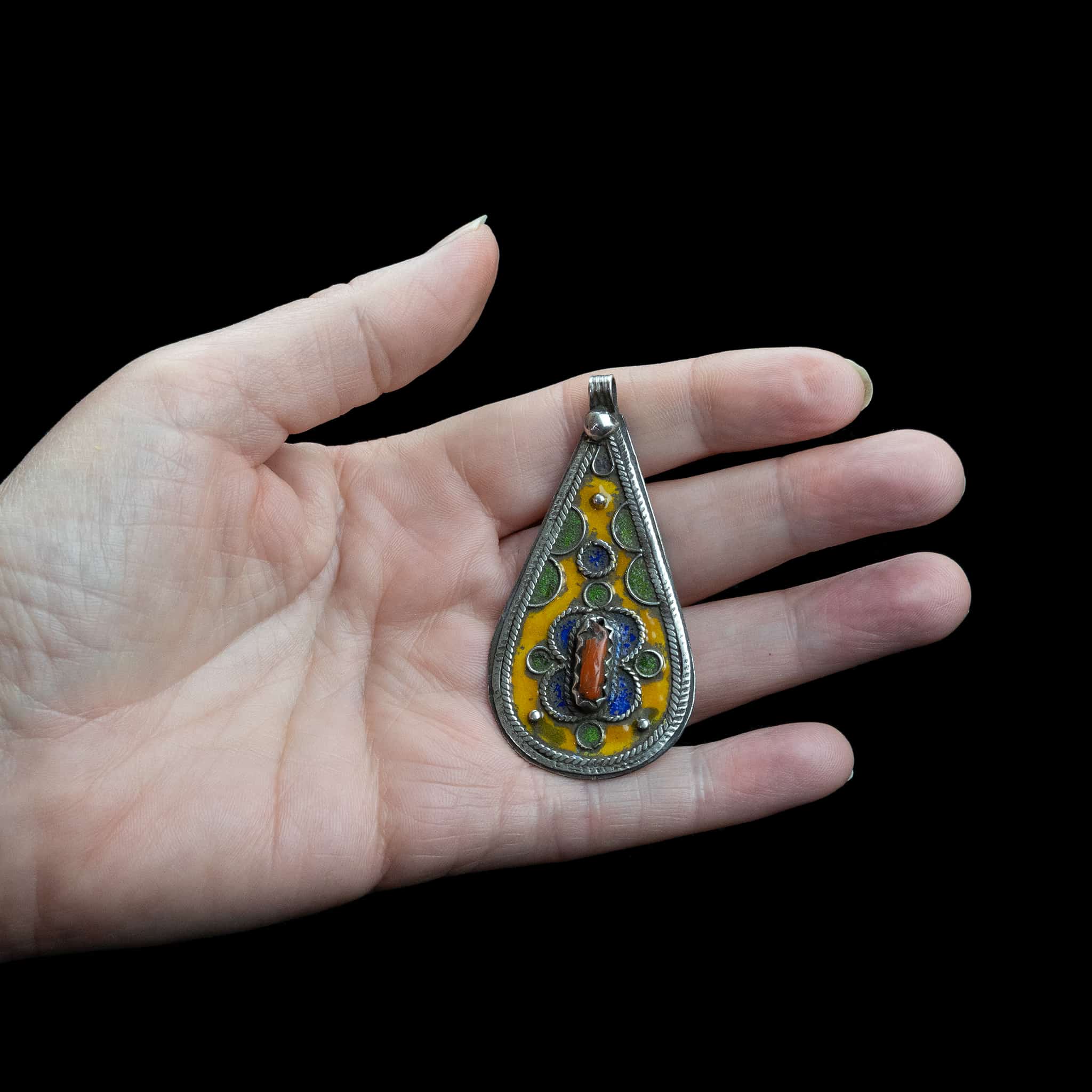 Moroccan Silver and Enamel Tribal Pendant | Vintage Ethnic Jewellery