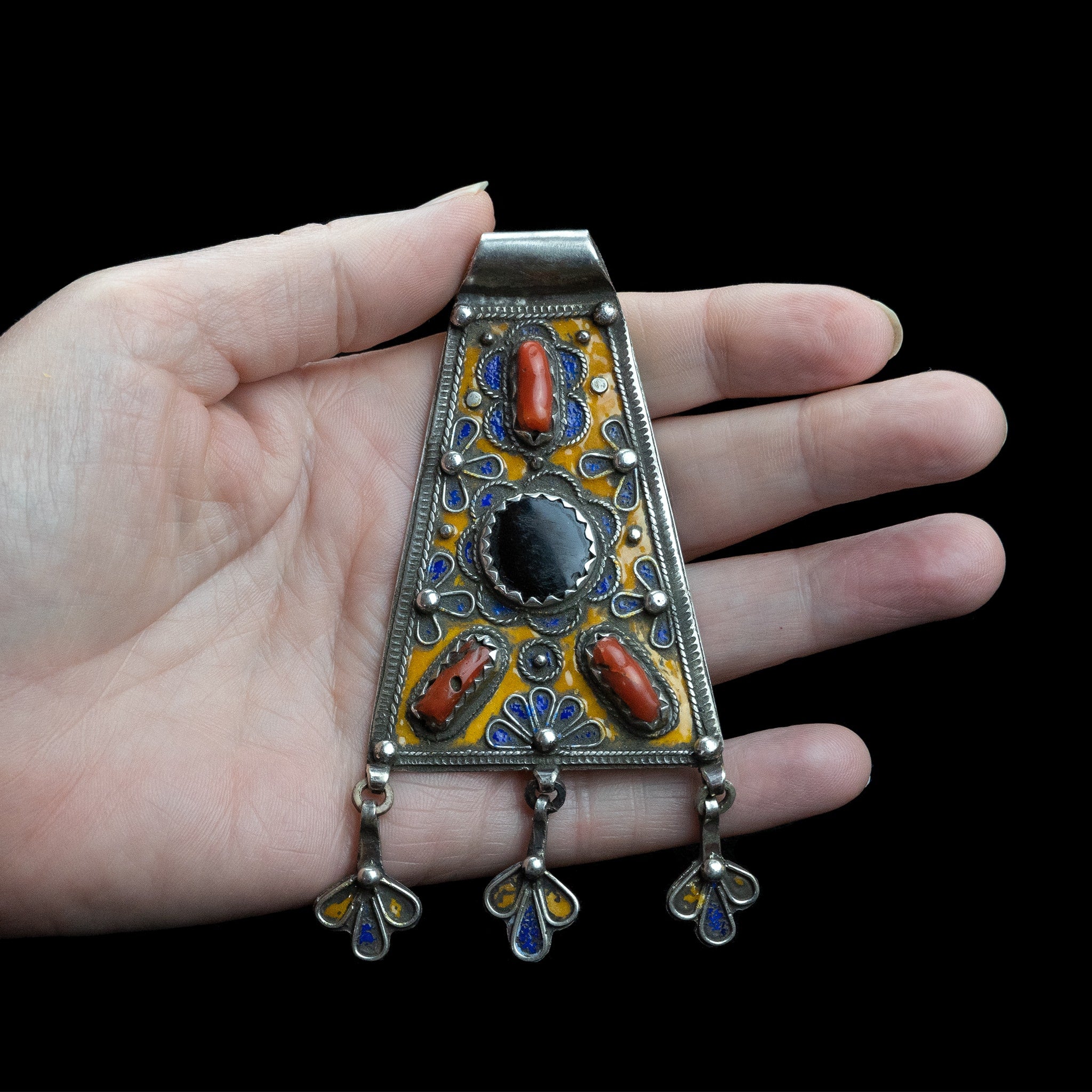 Moroccan Silver and Enamel Tribal Pendant | Vintage Ethnic Jewellery