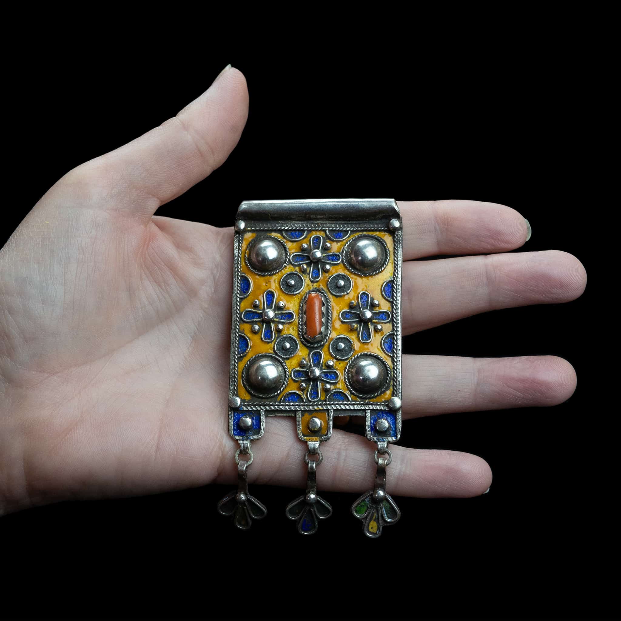 Moroccan Silver and Enamel Tribal Pendant | Vintage Ethnic Jewellery