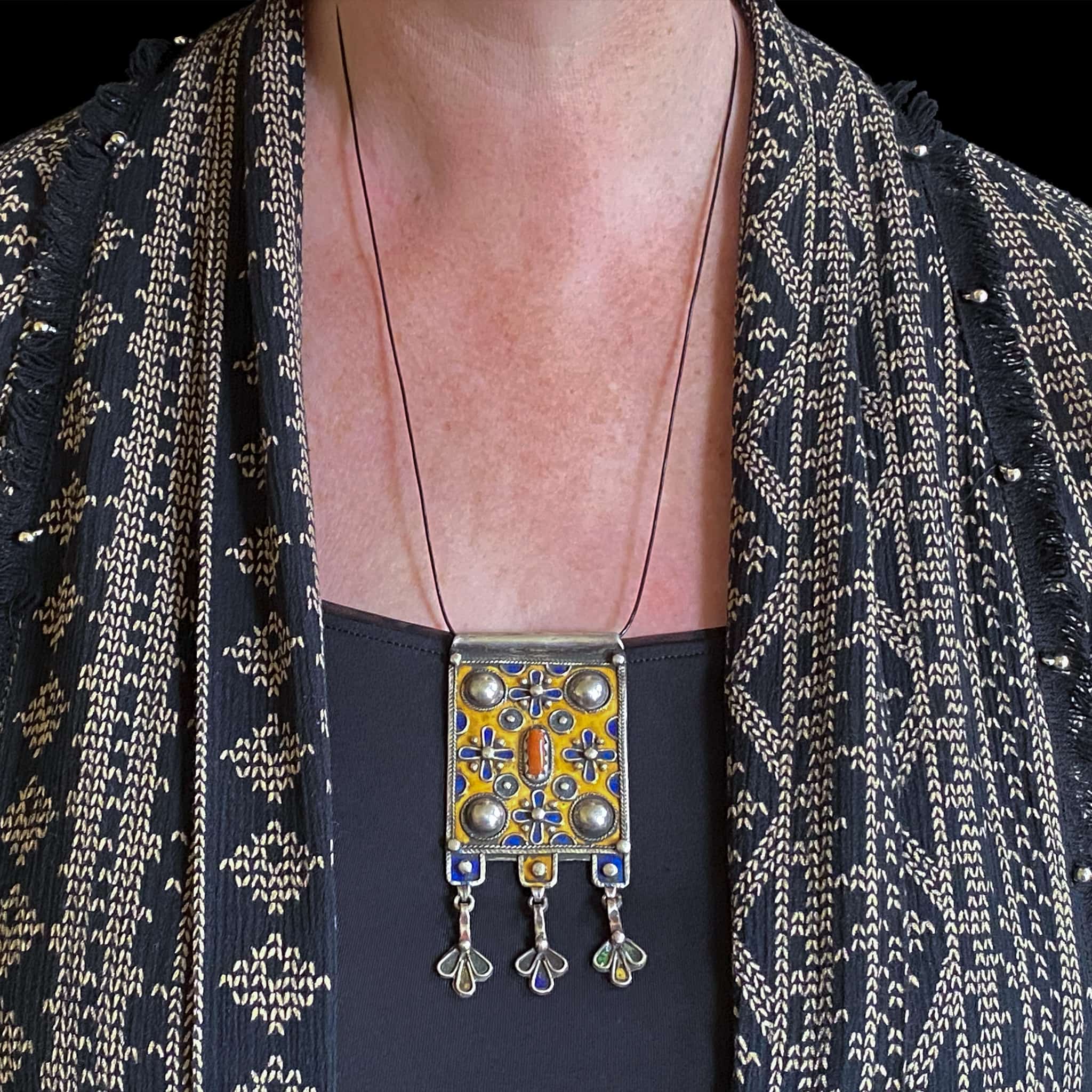 Moroccan Silver and Enamel Tribal Pendant | Vintage Ethnic Jewellery