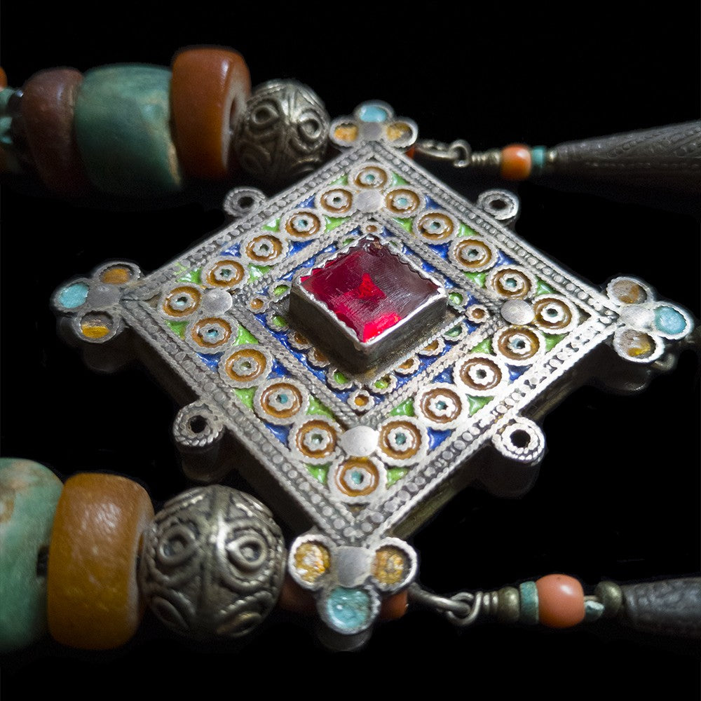 Vintage Moroccan Berber Necklace with Old Enamel Amulet Pendant & Amber Beads