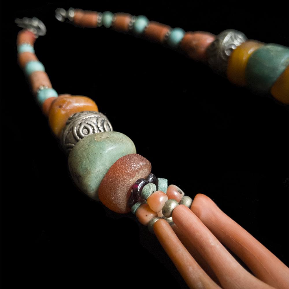 Vintage Moroccan Berber Necklace with Old Enamel Amulet Pendant & Amber Beads