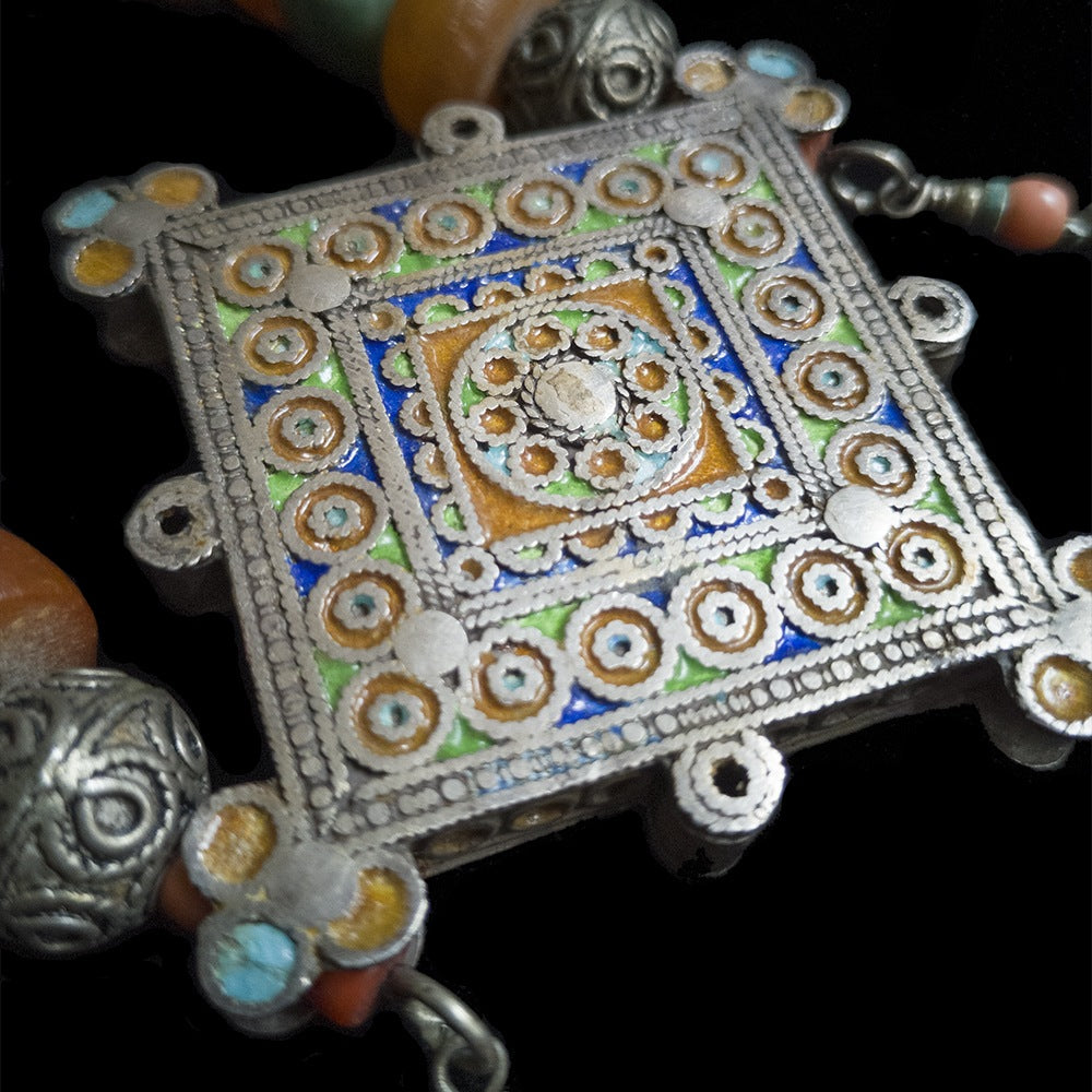 Vintage Moroccan Berber Necklace with Old Enamel Amulet Pendant & Amber Beads