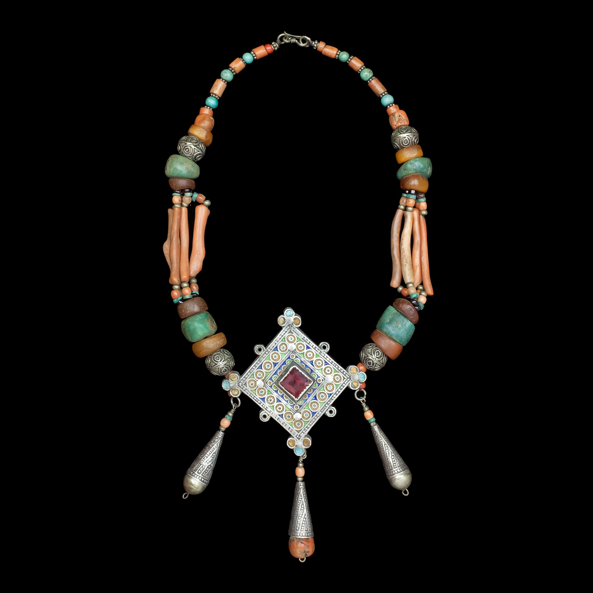 Vintage Moroccan Berber Necklace with Silver Enamel Amulet Pendant, Branch Coral & Amber Beads