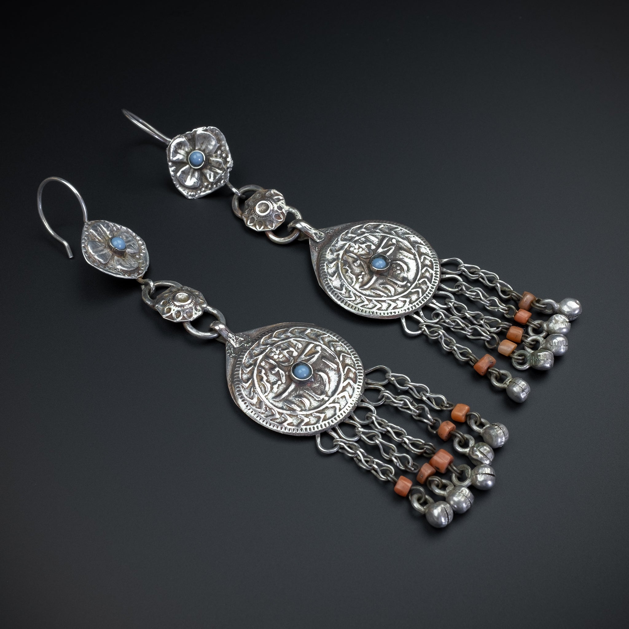 Vintage Silver Bukhara Uzbek Earrings, Central Asia