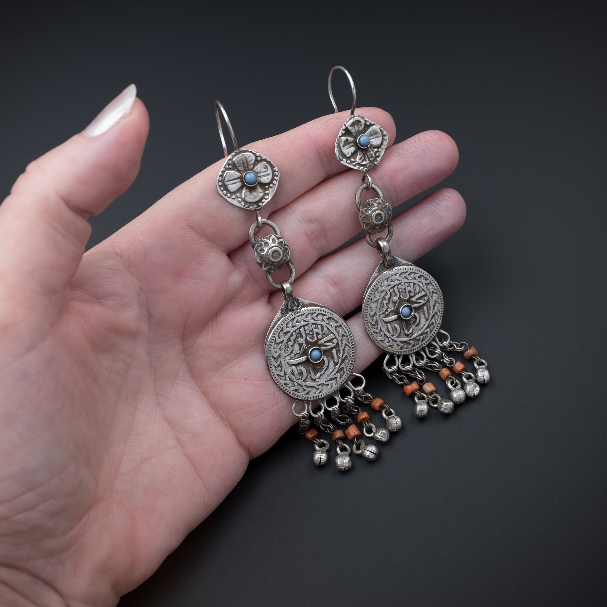 Vintage Silver Bukhara Uzbek Earrings, Central Asia