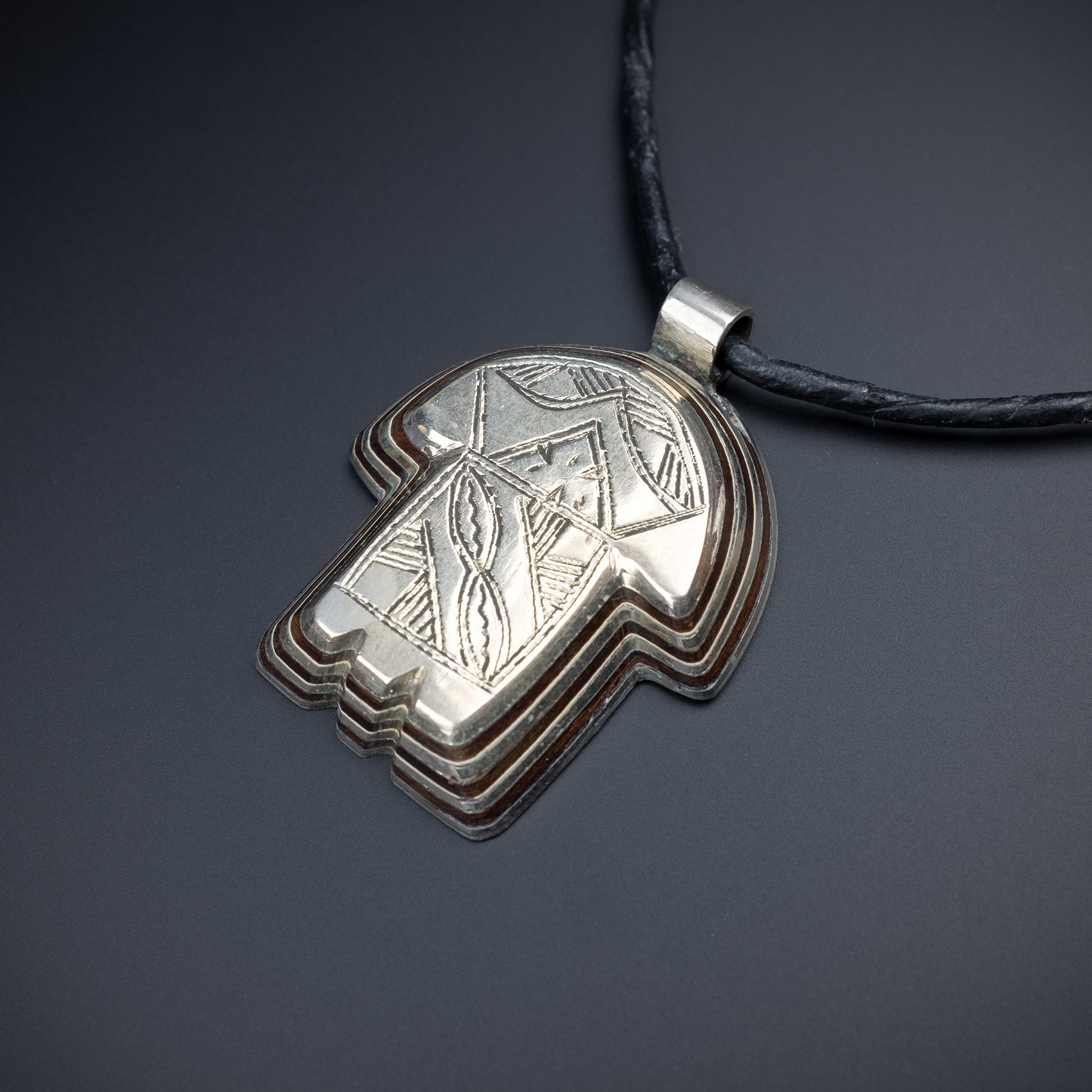 Silver and Wood Khamsa (Hamsa) Pendant, Marrakech, Morocco