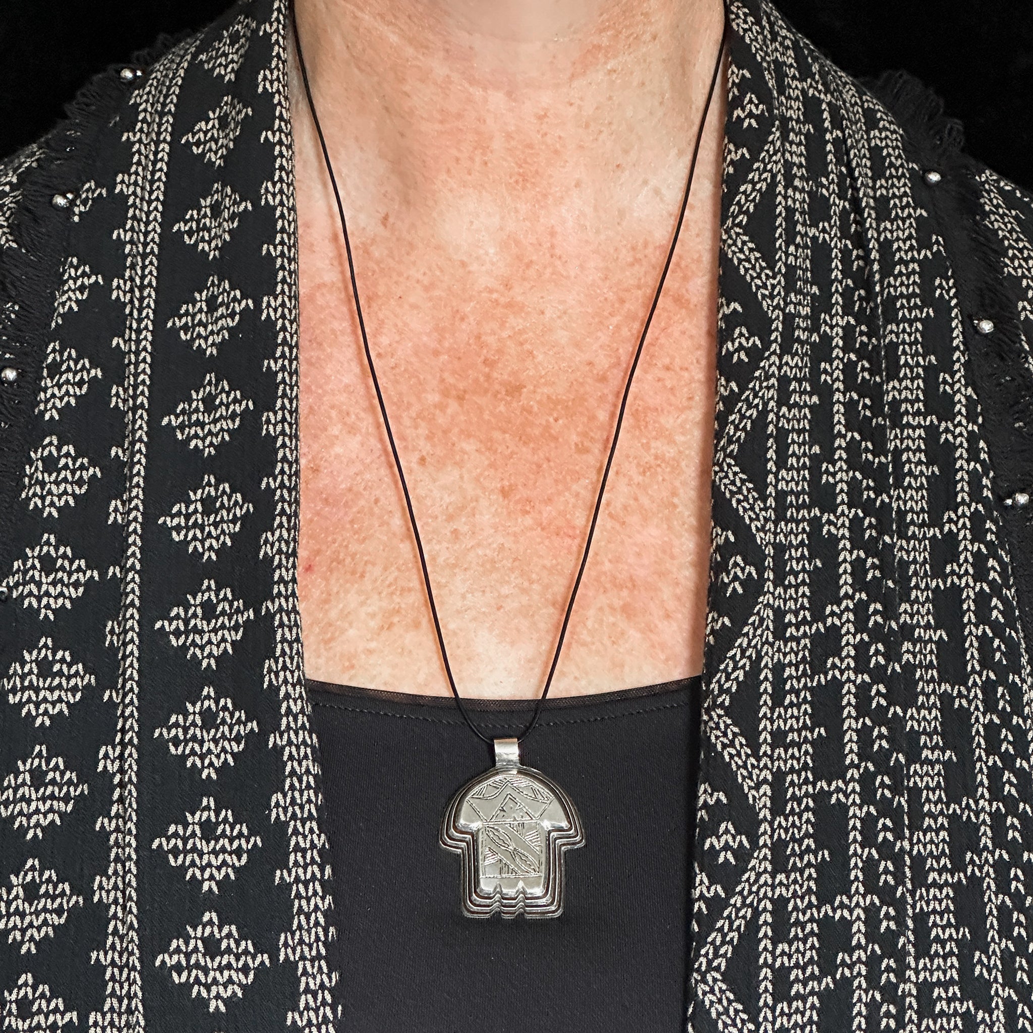 Silver and Wood Khamsa (Hamsa) Pendant, Marrakech, Morocco