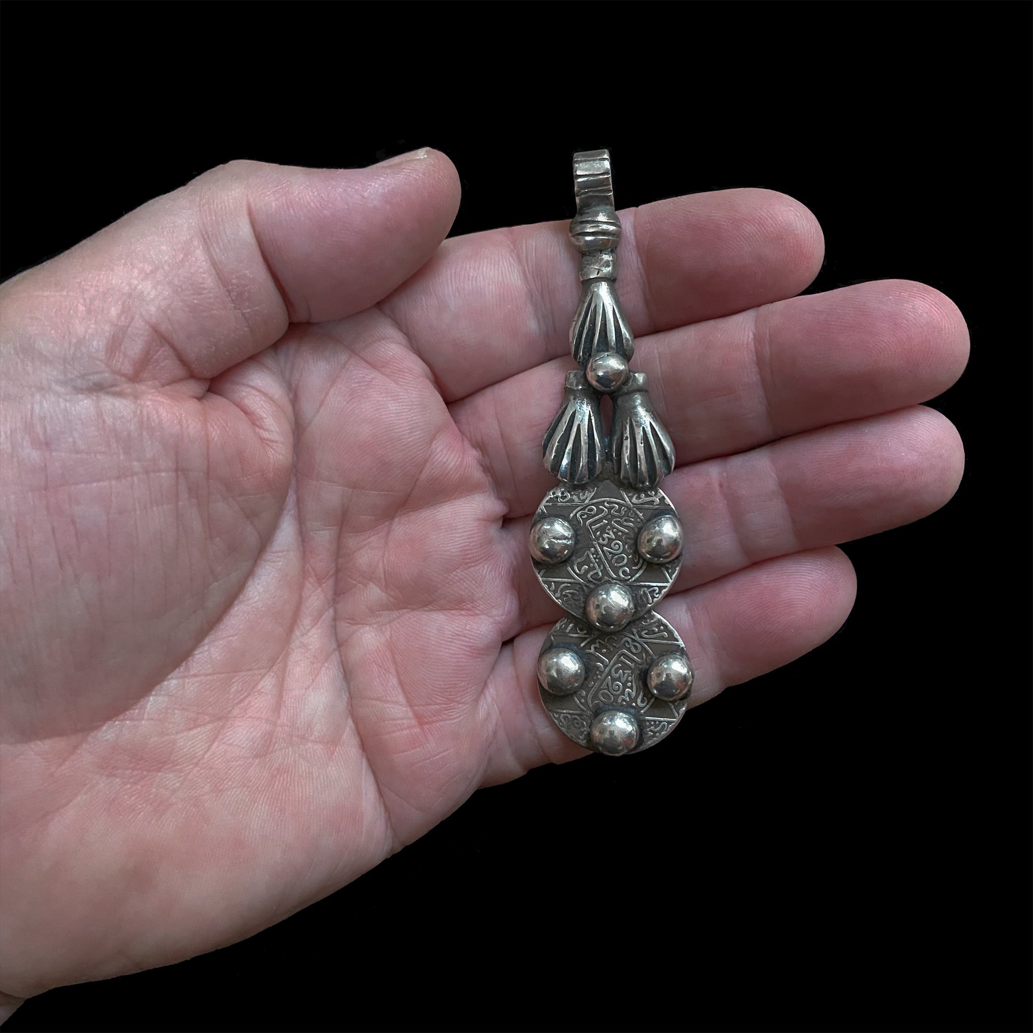 Old Moroccan Silver Berber Coin Pendant with Khamsa (Hamsa)