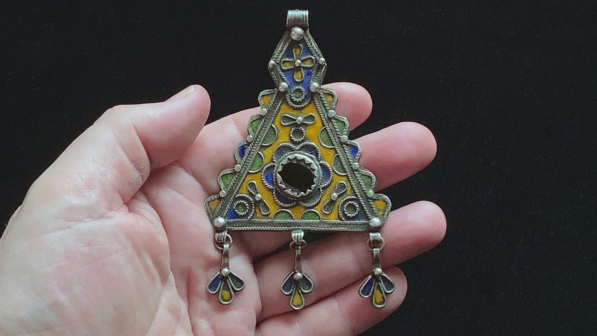 Moroccan Silver and Enamel Tribal Pendant | Vintage Ethnic Jewellery