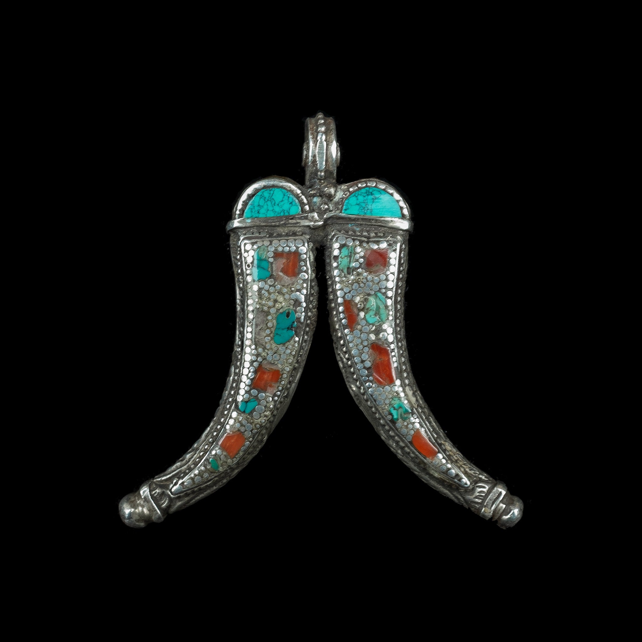 Himalayan Silver, Coral & Turquoise Pendant | Vintage Ethnic Jewellery