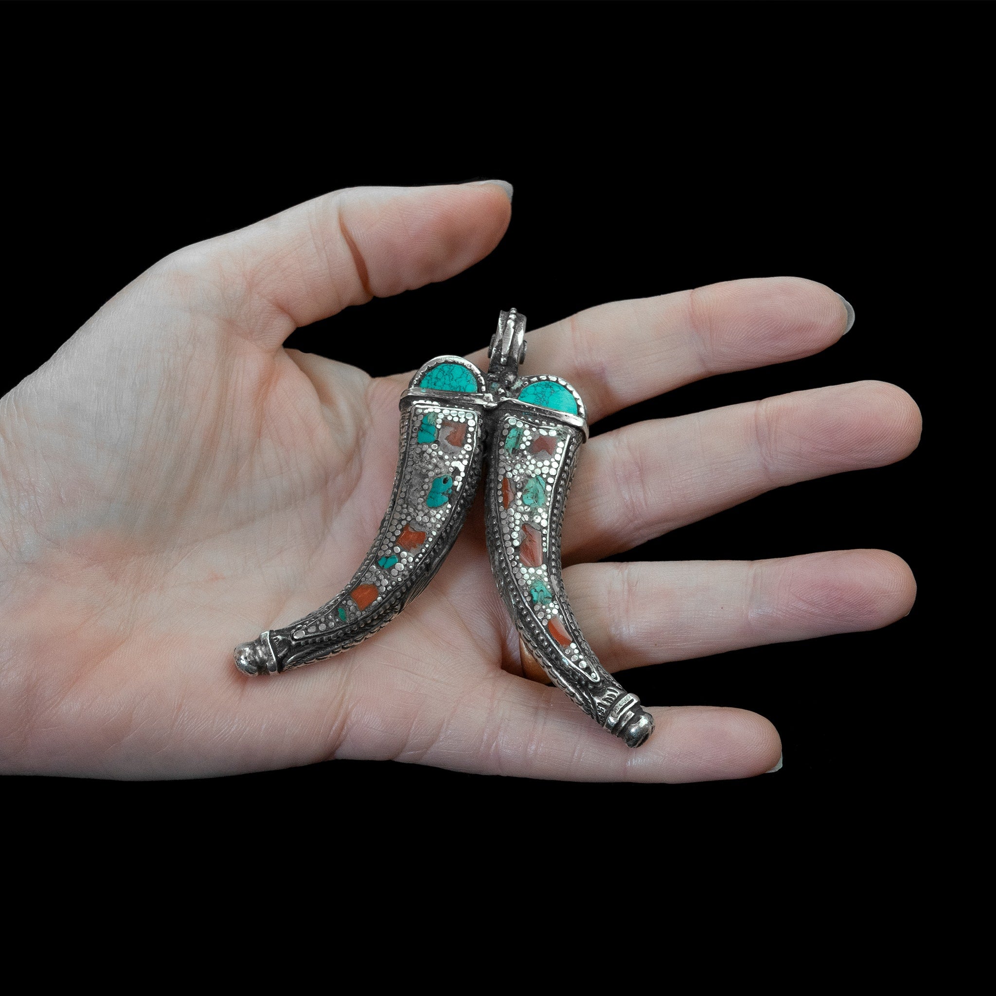 Himalayan Silver, Coral & Turquoise Pendant | Vintage Ethnic Jewellery