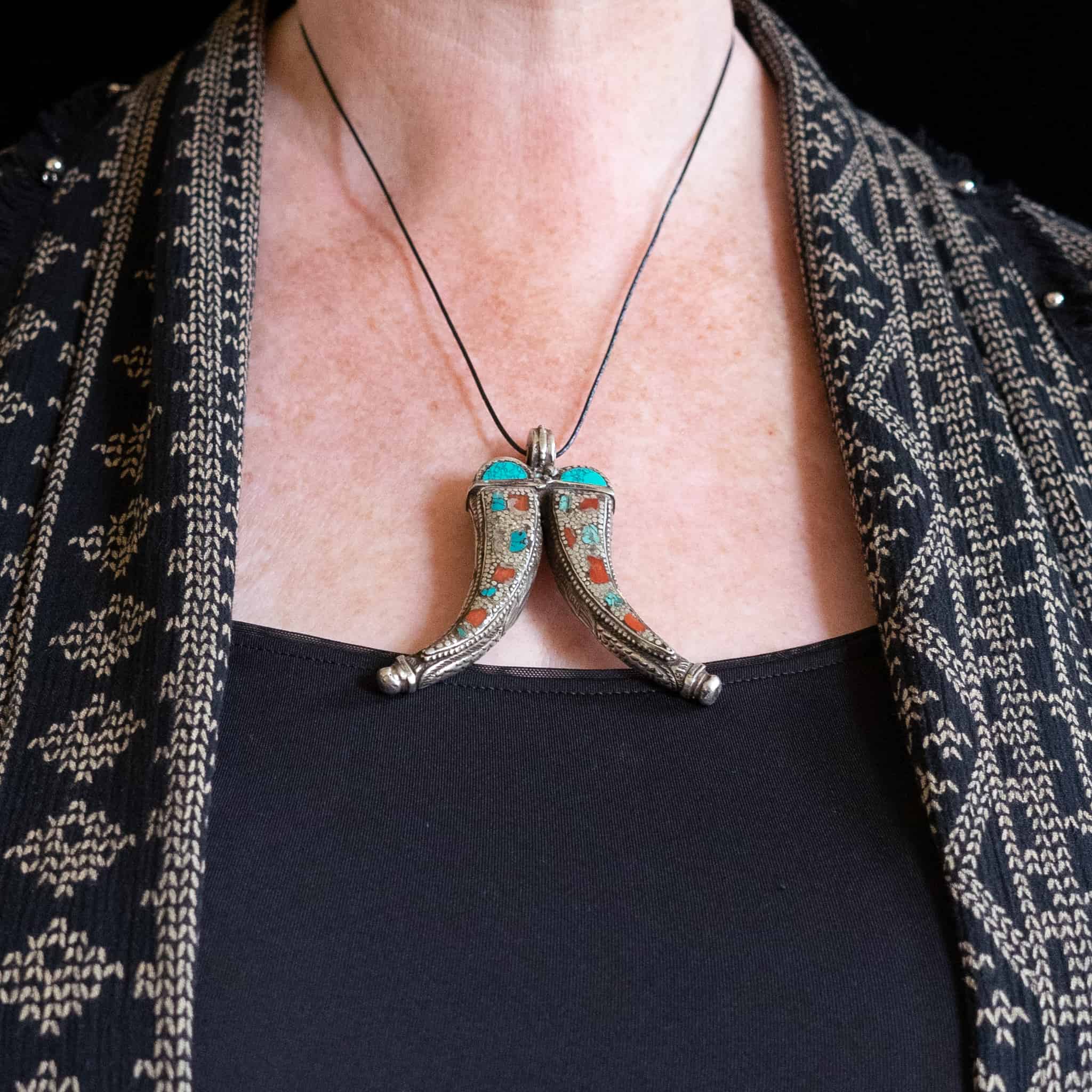 Himalayan Silver, Coral & Turquoise Pendant | Vintage Ethnic Jewellery