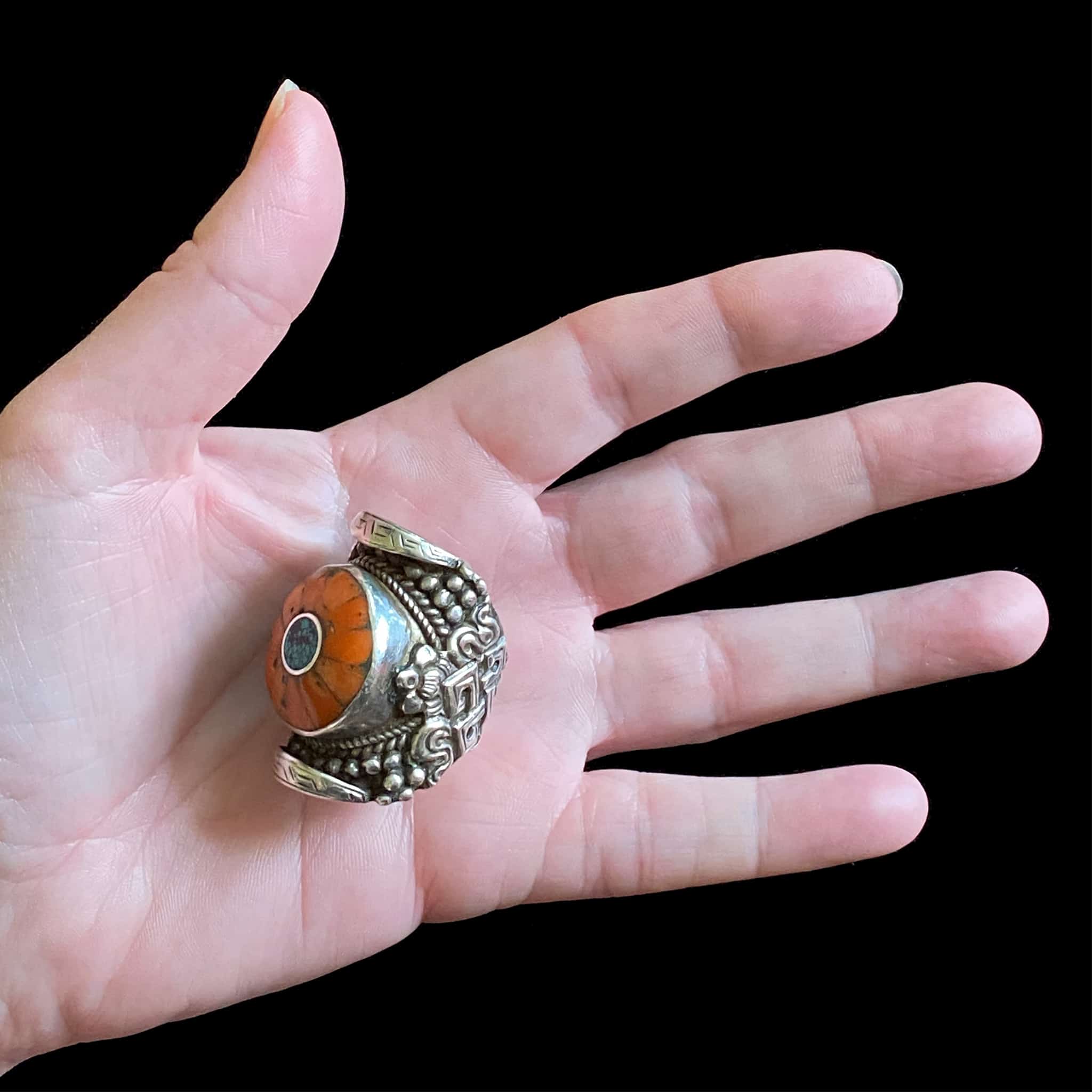 Himalayan Silver Coral Saddle Ring | Vintage Ethnic Jewellery