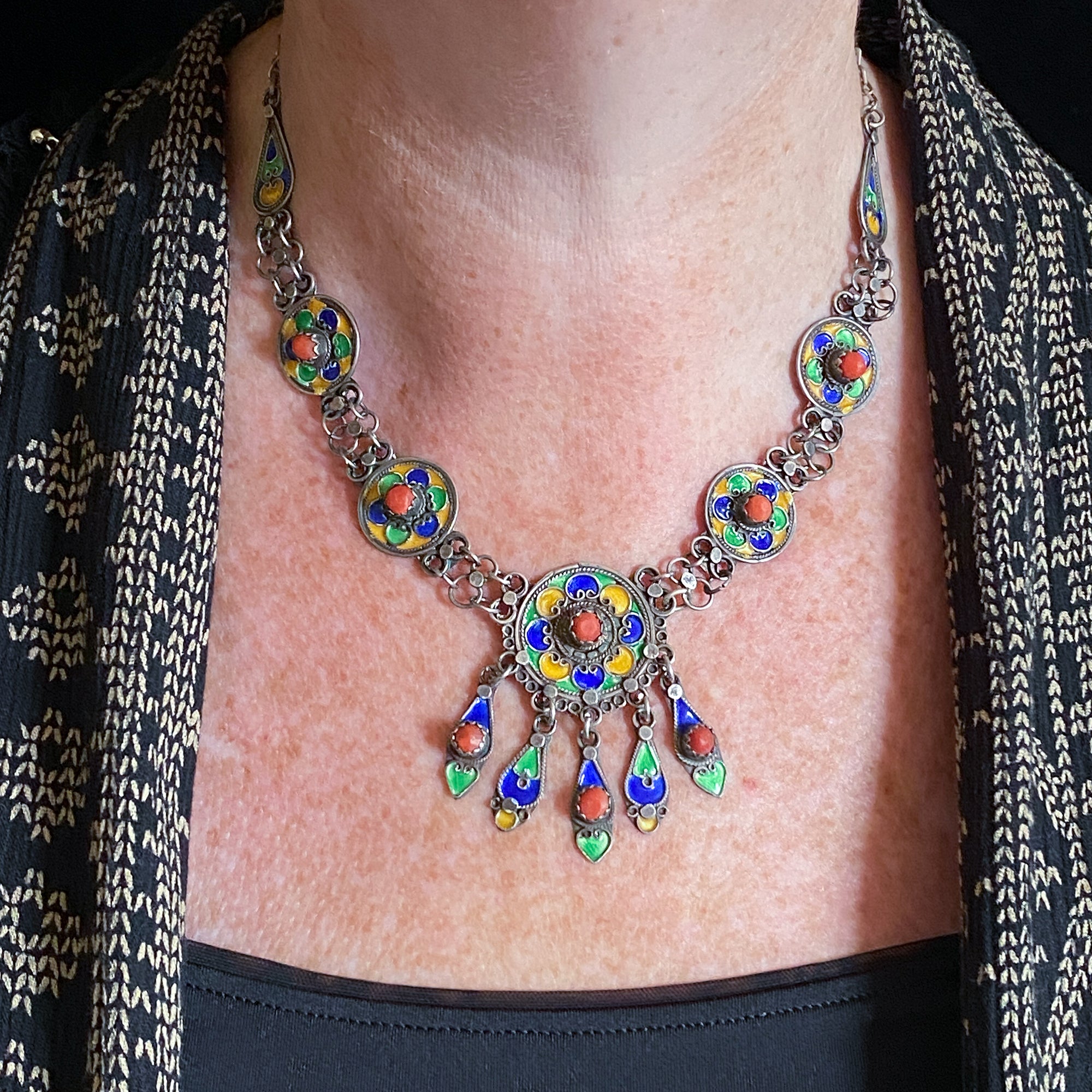 Vintage Silver and Coral Kabyle Necklace, Northern Algeria