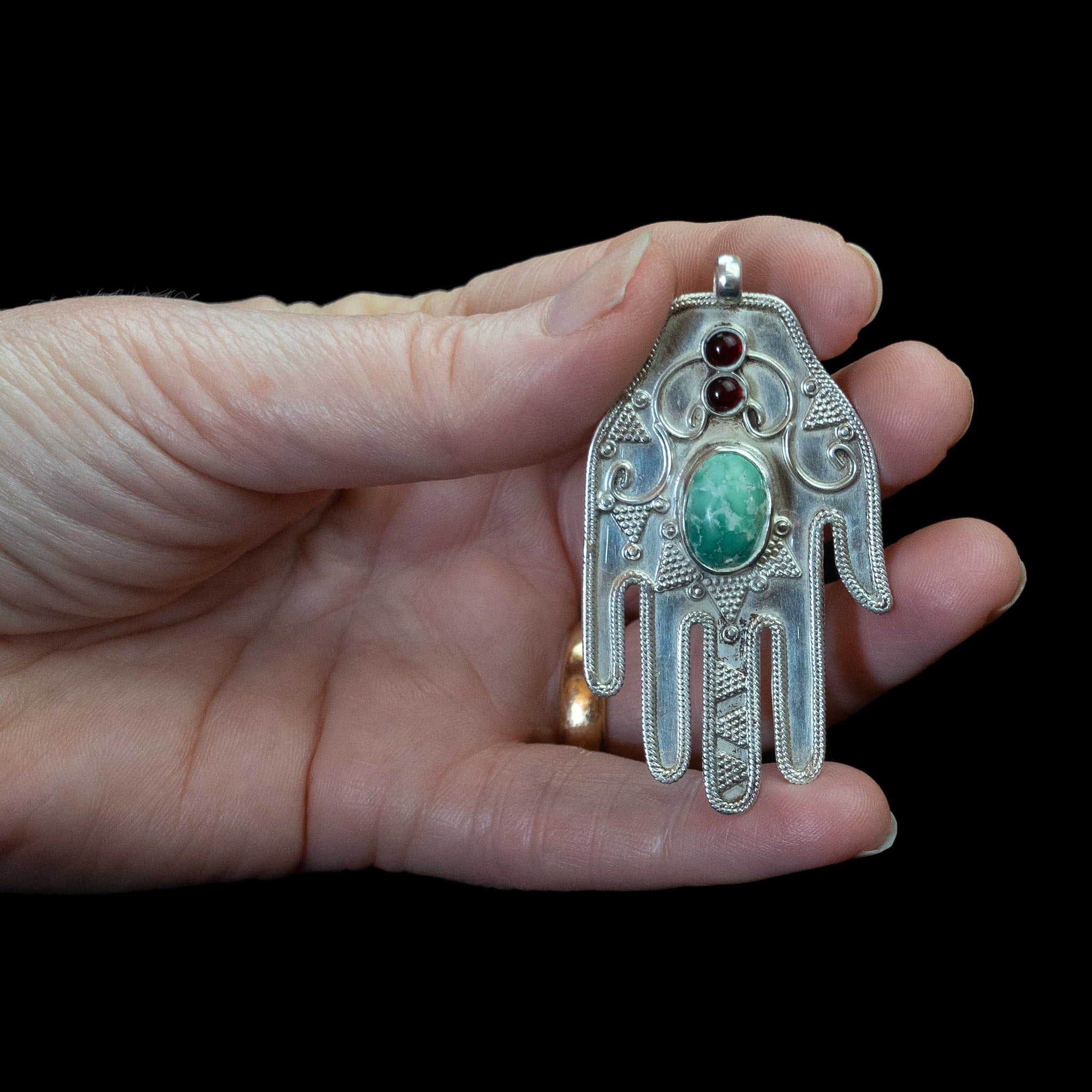 Vintage Silver & Turquoise 'Hand of Fatima' Khamsa (Hamsa) made in Kazakhstan 