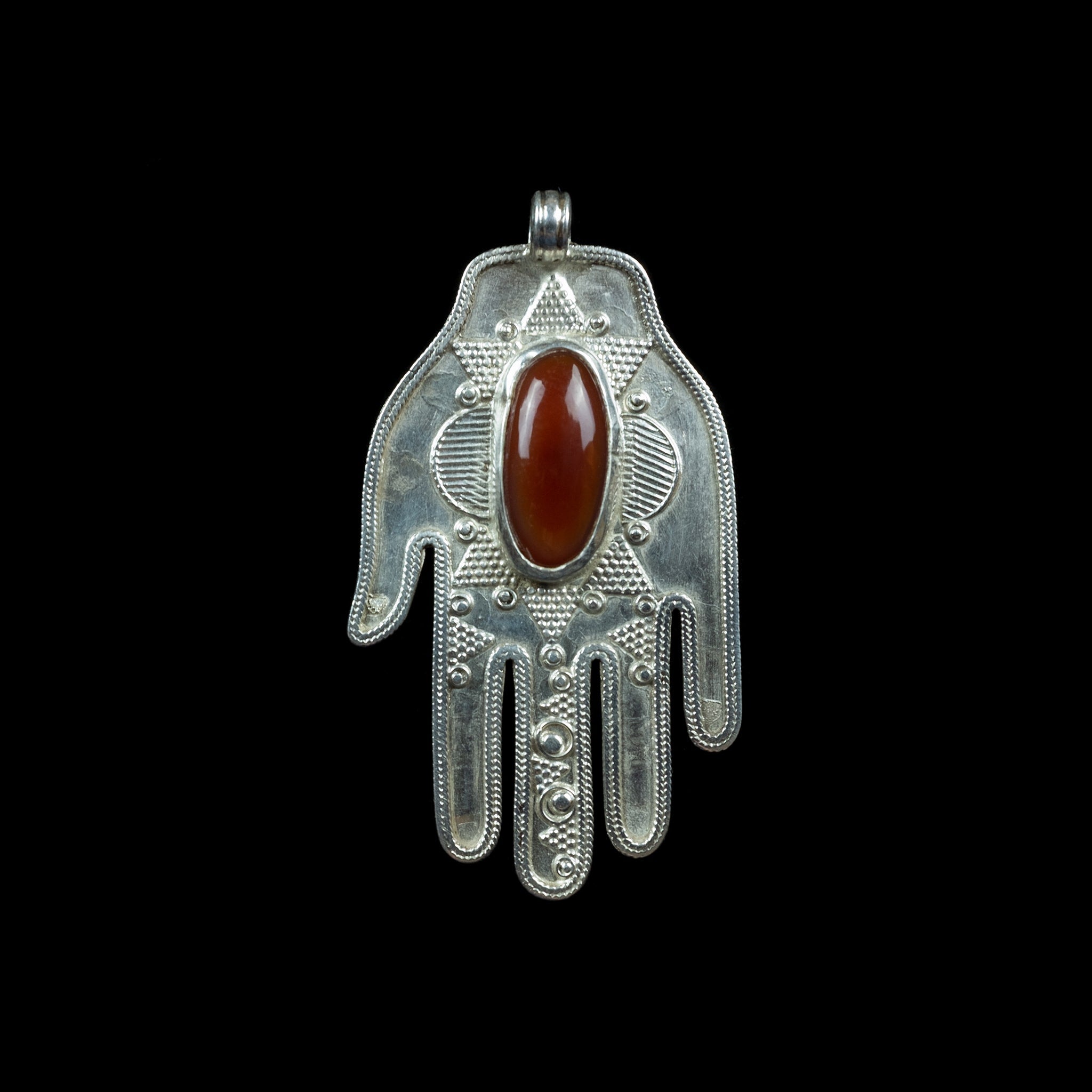 Vintage Silver & Carnelian 'Hand of Fatima' Khamsa (Hamsa) made in Kazakhstan