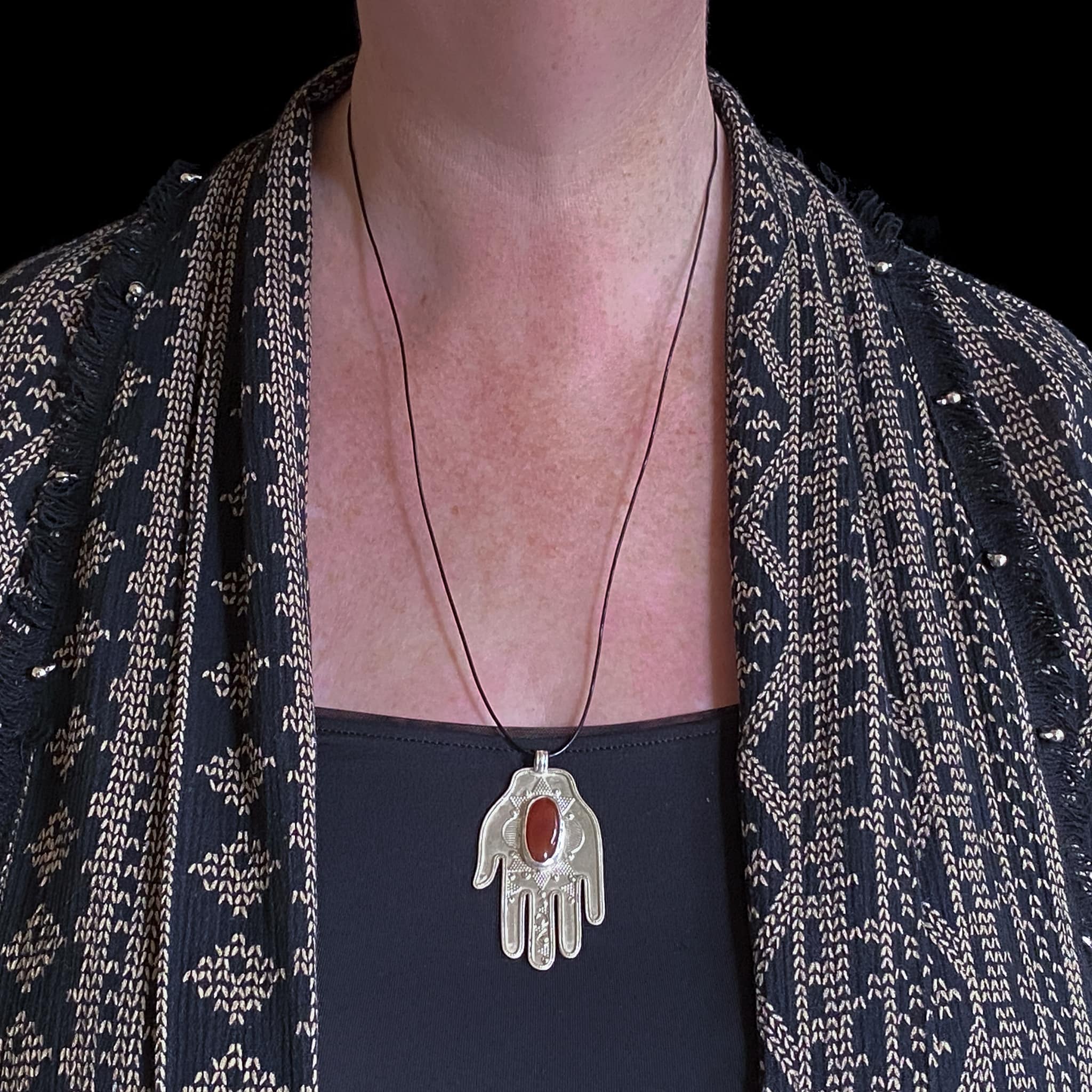Vintage Silver & Carnelian 'Hand of Fatima' Khamsa (Hamsa) made in Kazakhstan