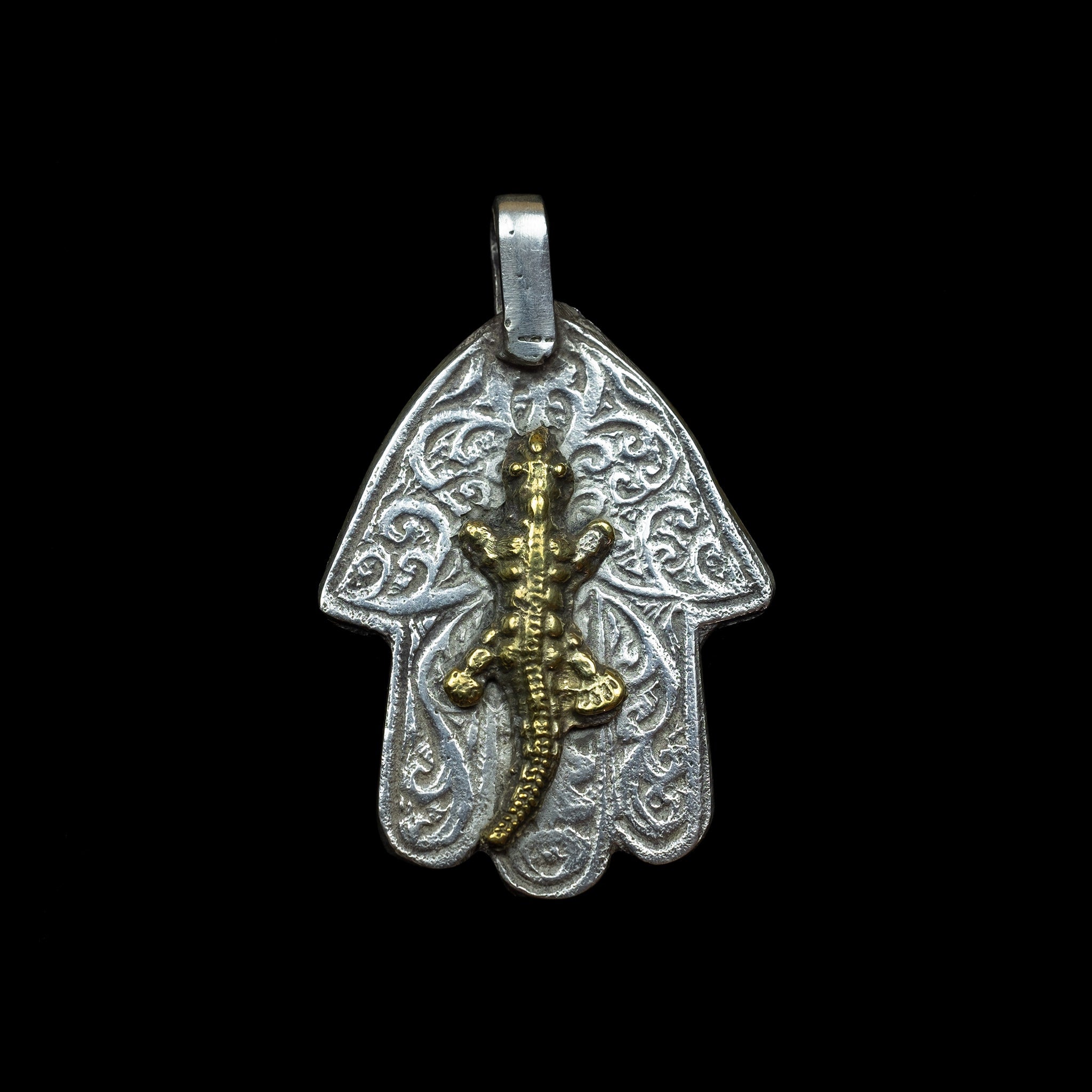 Old Moroccan Silver 'Hand of Fatima' Khamsa (Hamsa) with Brass Salamander