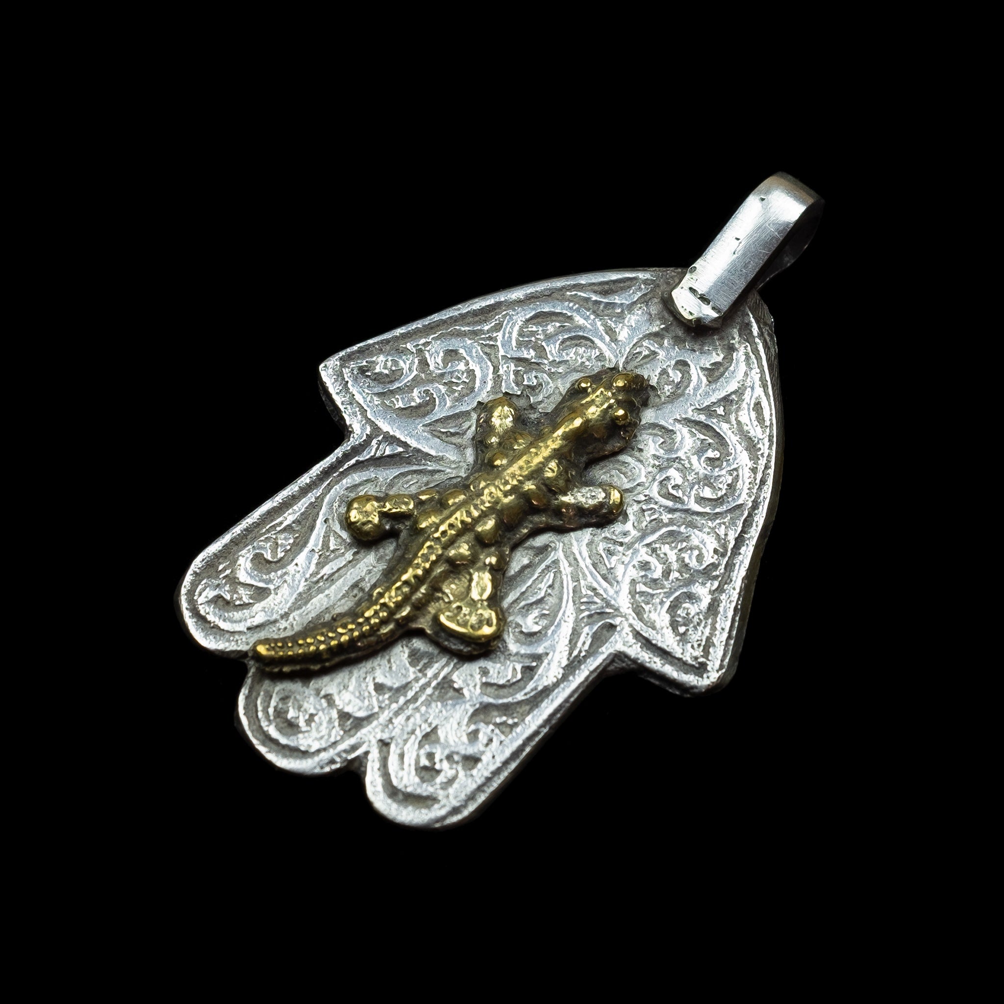 Old Moroccan Silver 'Hand of Fatima' Khamsa (Hamsa) with Brass Salamander