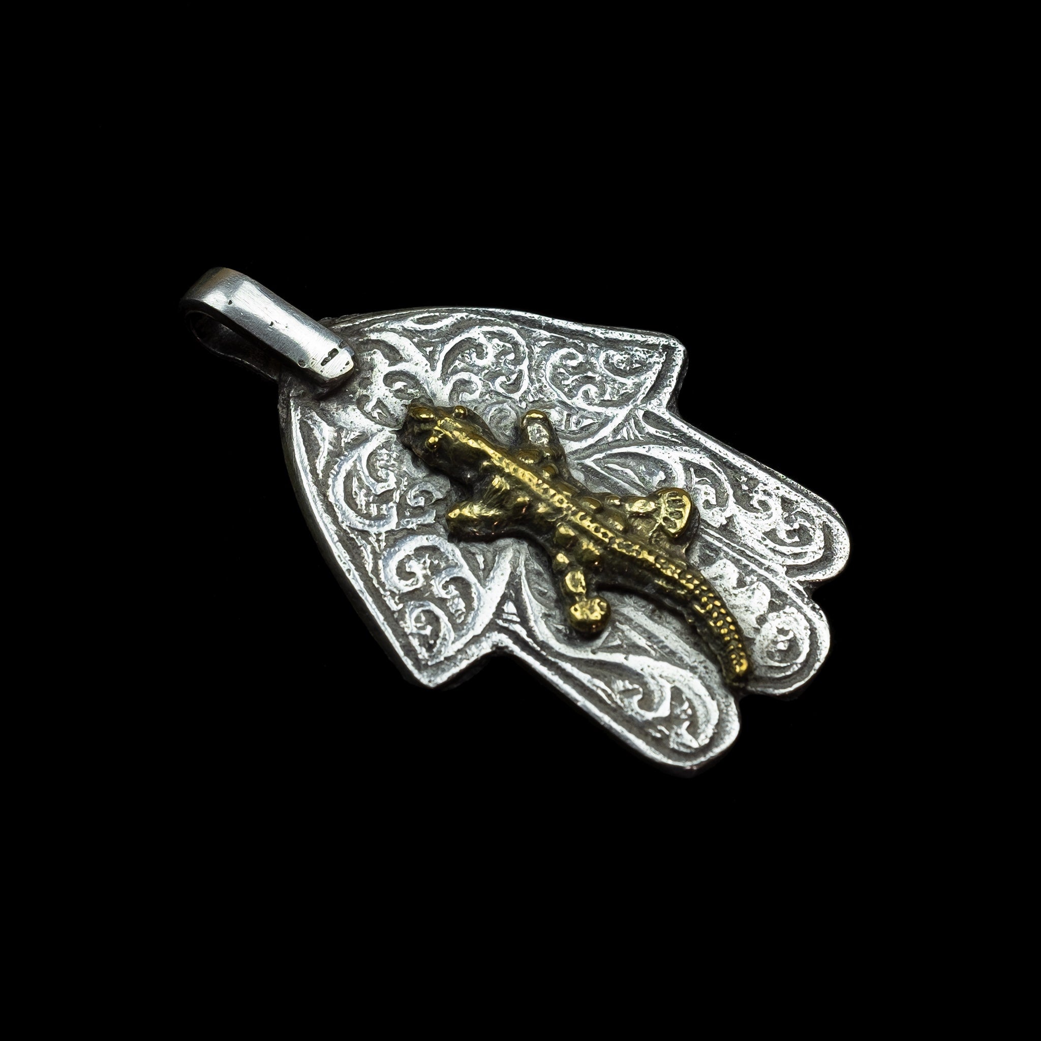 Old Moroccan Silver 'Hand of Fatima' Khamsa (Hamsa) with Brass Salamander