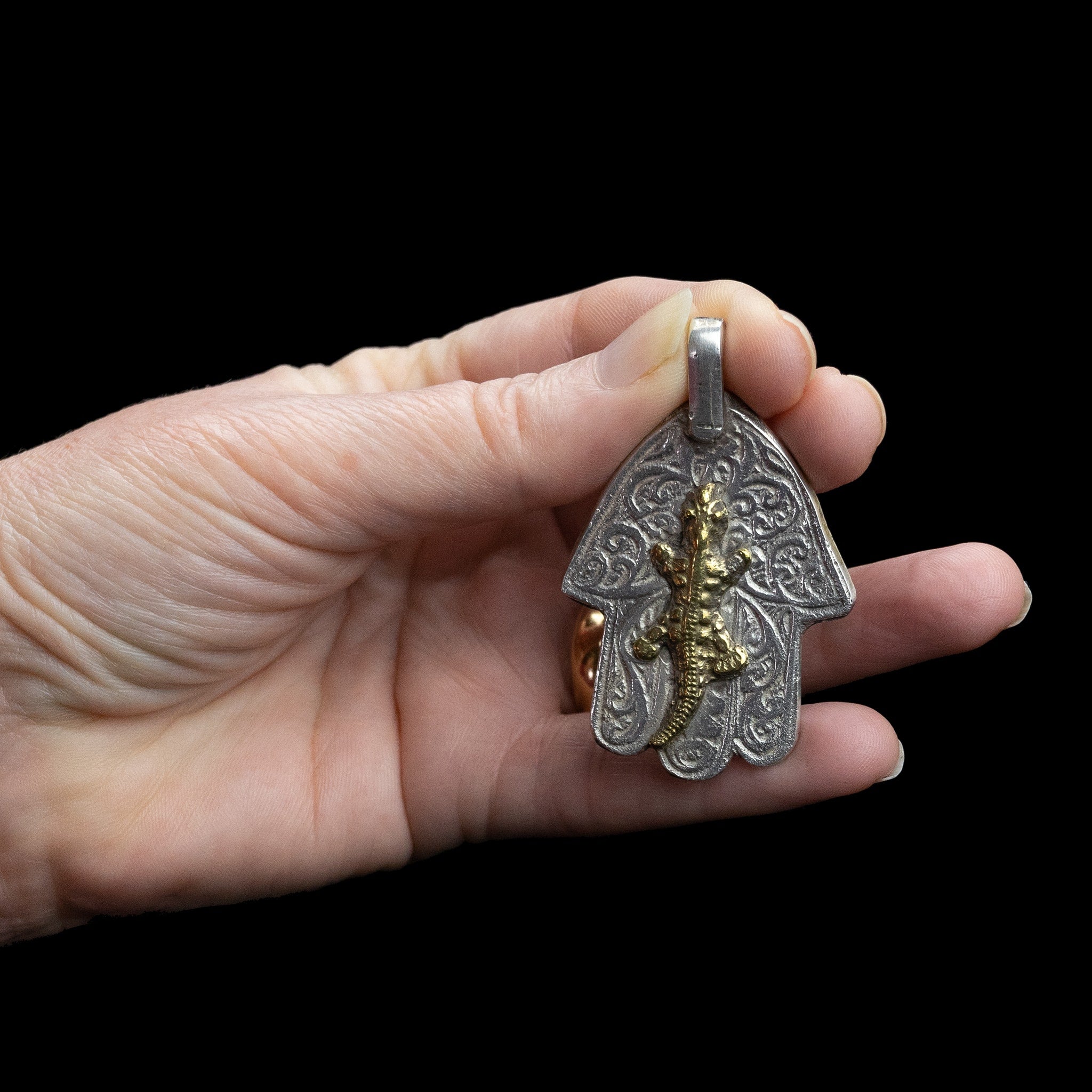 Old Moroccan Silver 'Hand of Fatima' Khamsa (Hamsa) with Brass Salamander