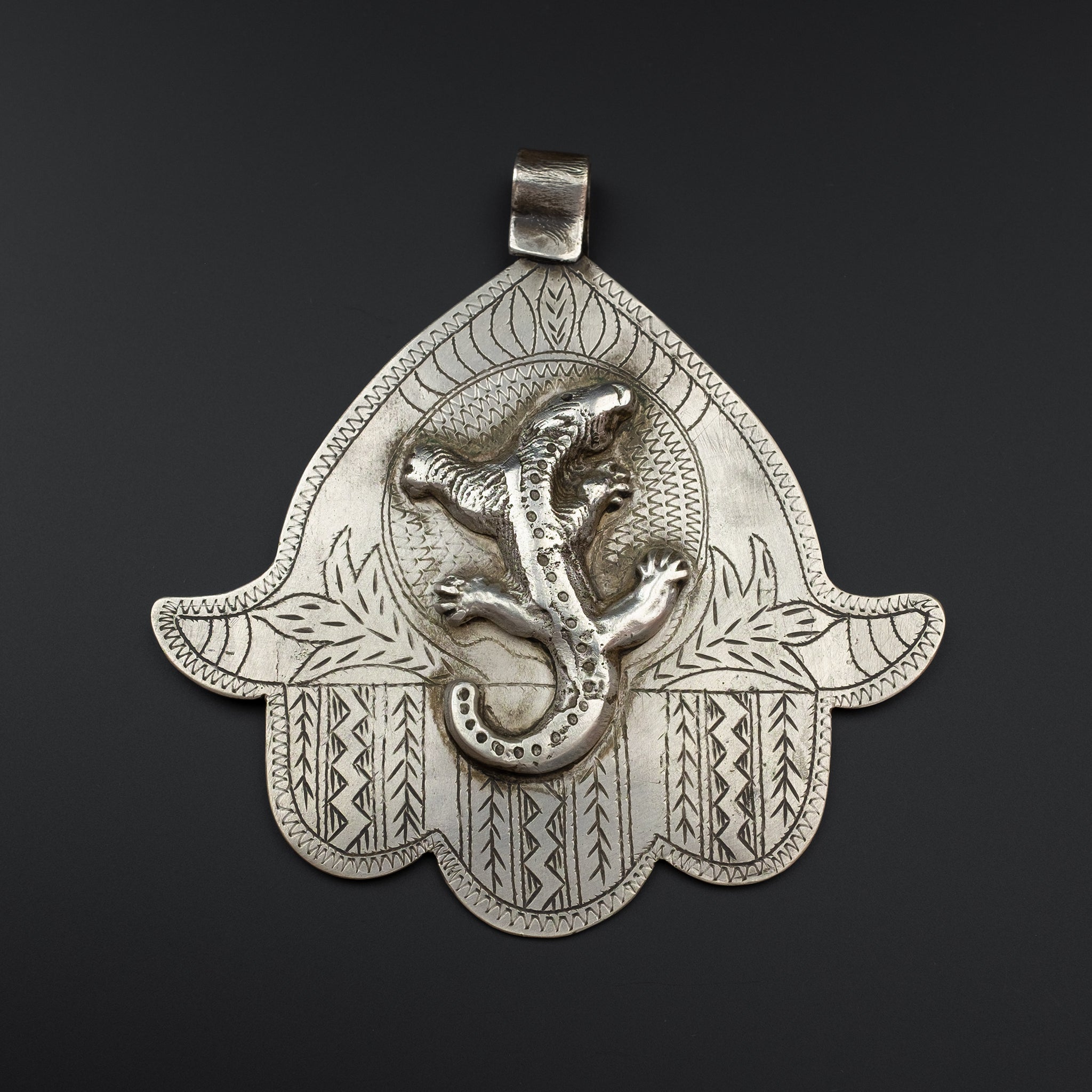 Old Moroccan Silver 'Hand of Fatima' Khamsa (Hamsa) Pendant with Salamander - Large