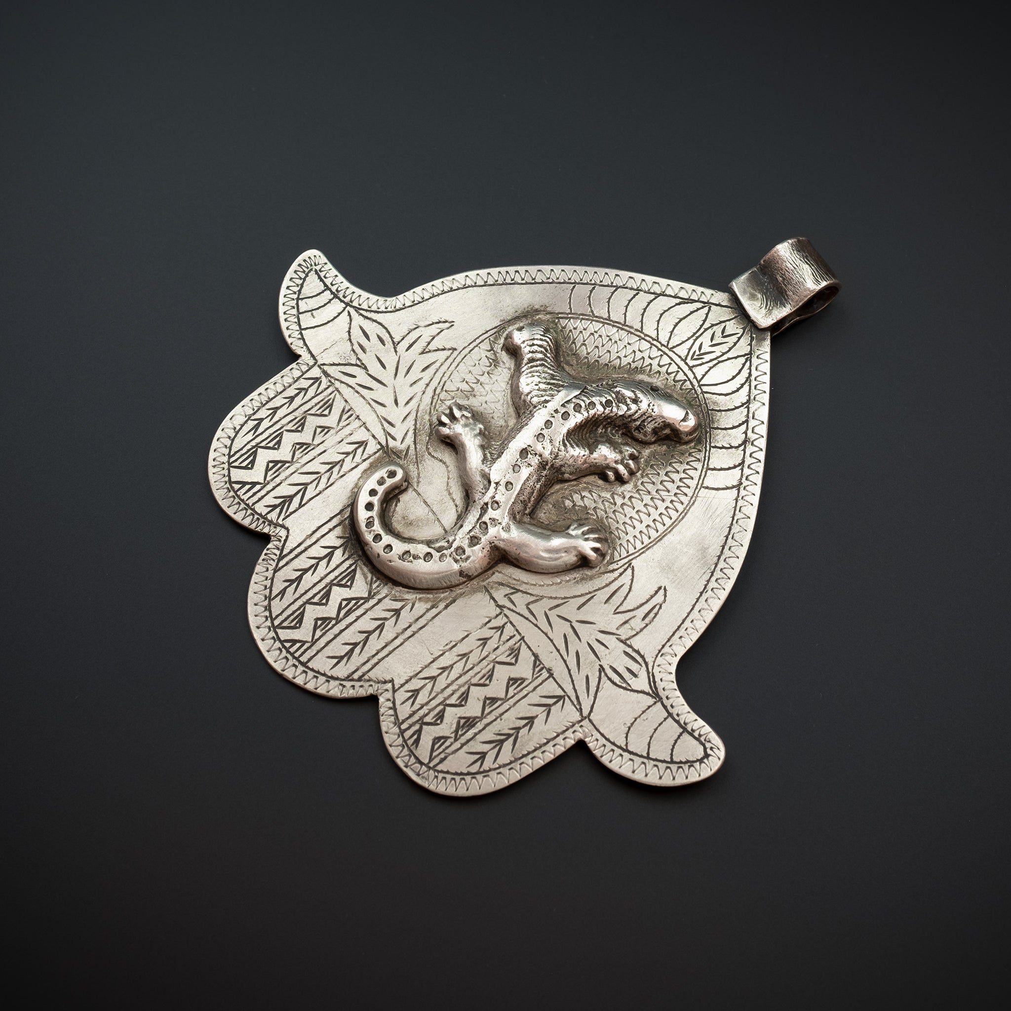 Old Moroccan Silver 'Hand of Fatima' Khamsa (Hamsa) Pendant with Salamander - Large
