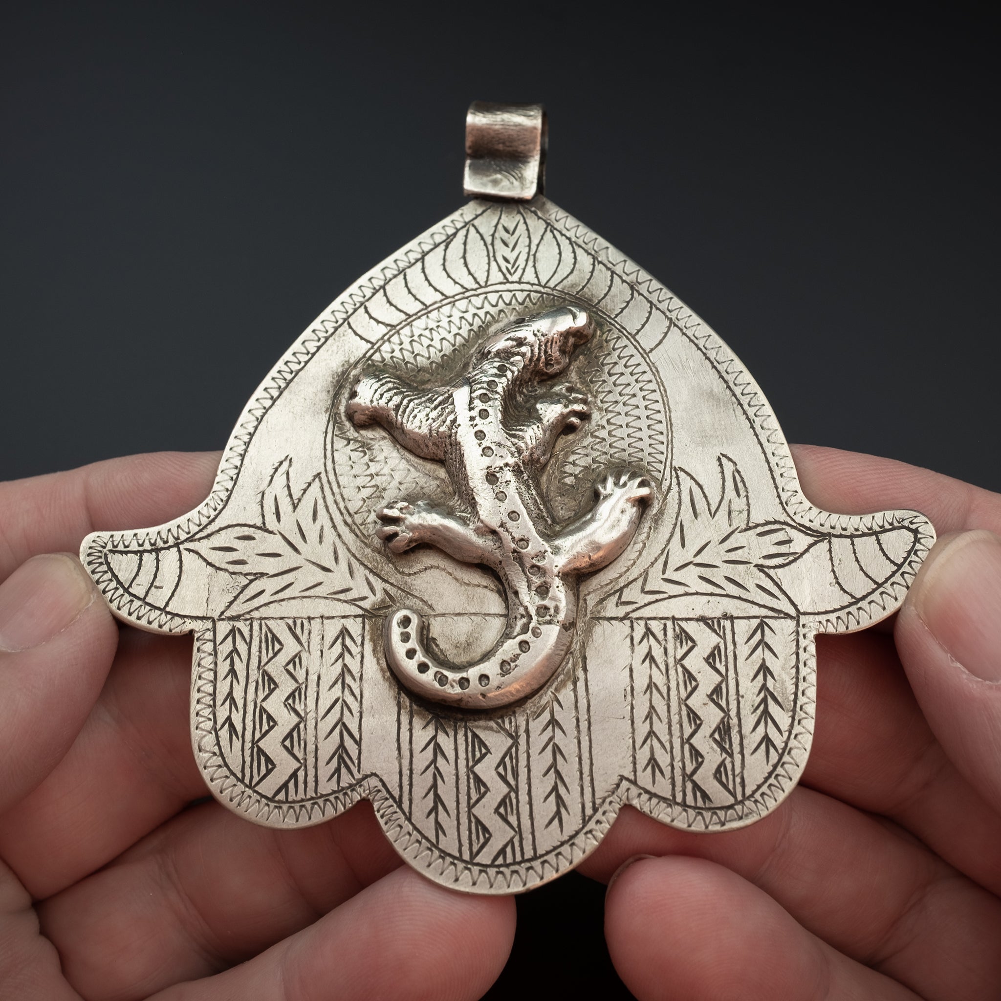 Old Moroccan Silver 'Hand of Fatima' Khamsa (Hamsa) Pendant with Salamander - Large