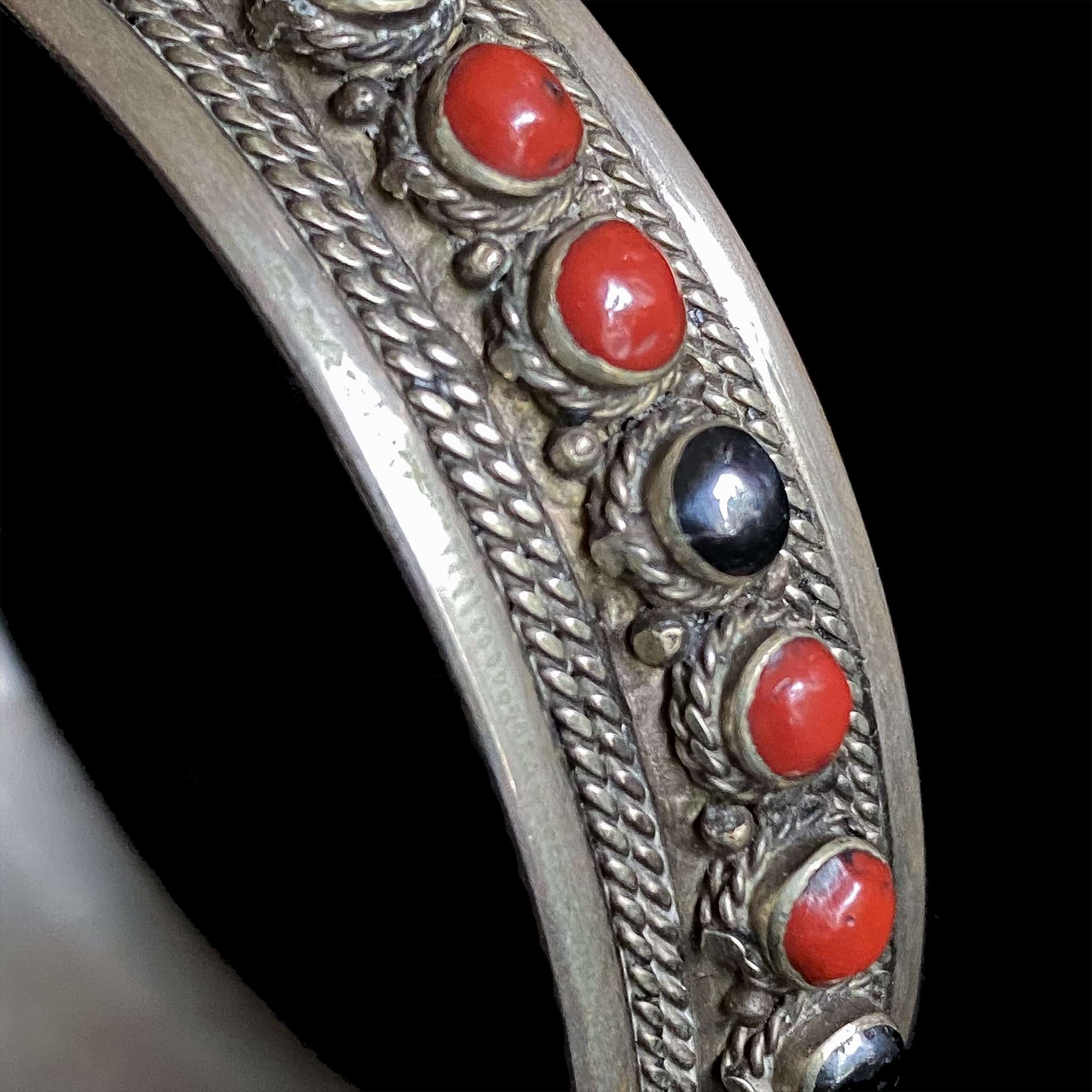 Vintage Moroccan Bangle with Coral and Onyx Decoration