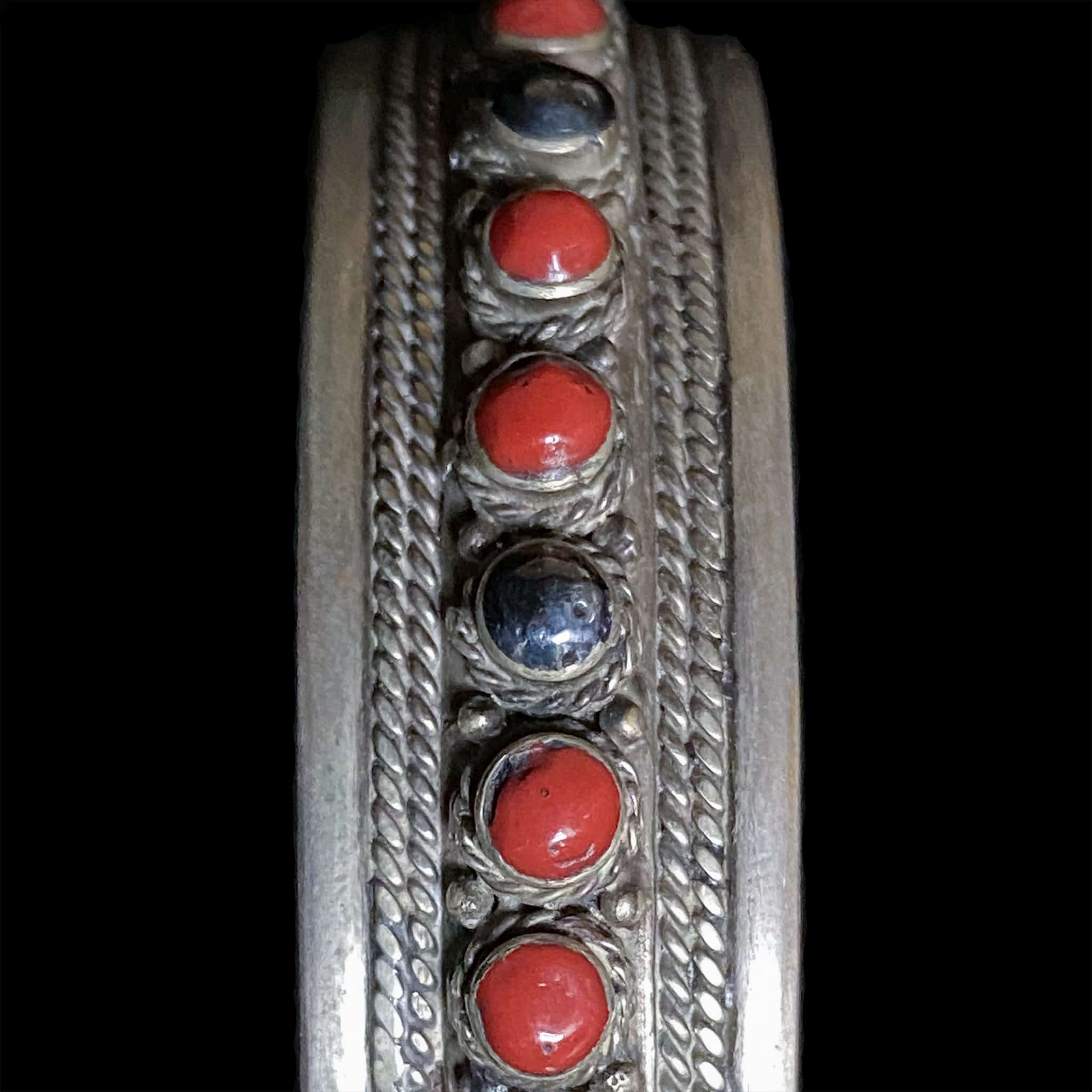 Vintage Moroccan Bangle with Coral and Onyx Decoration