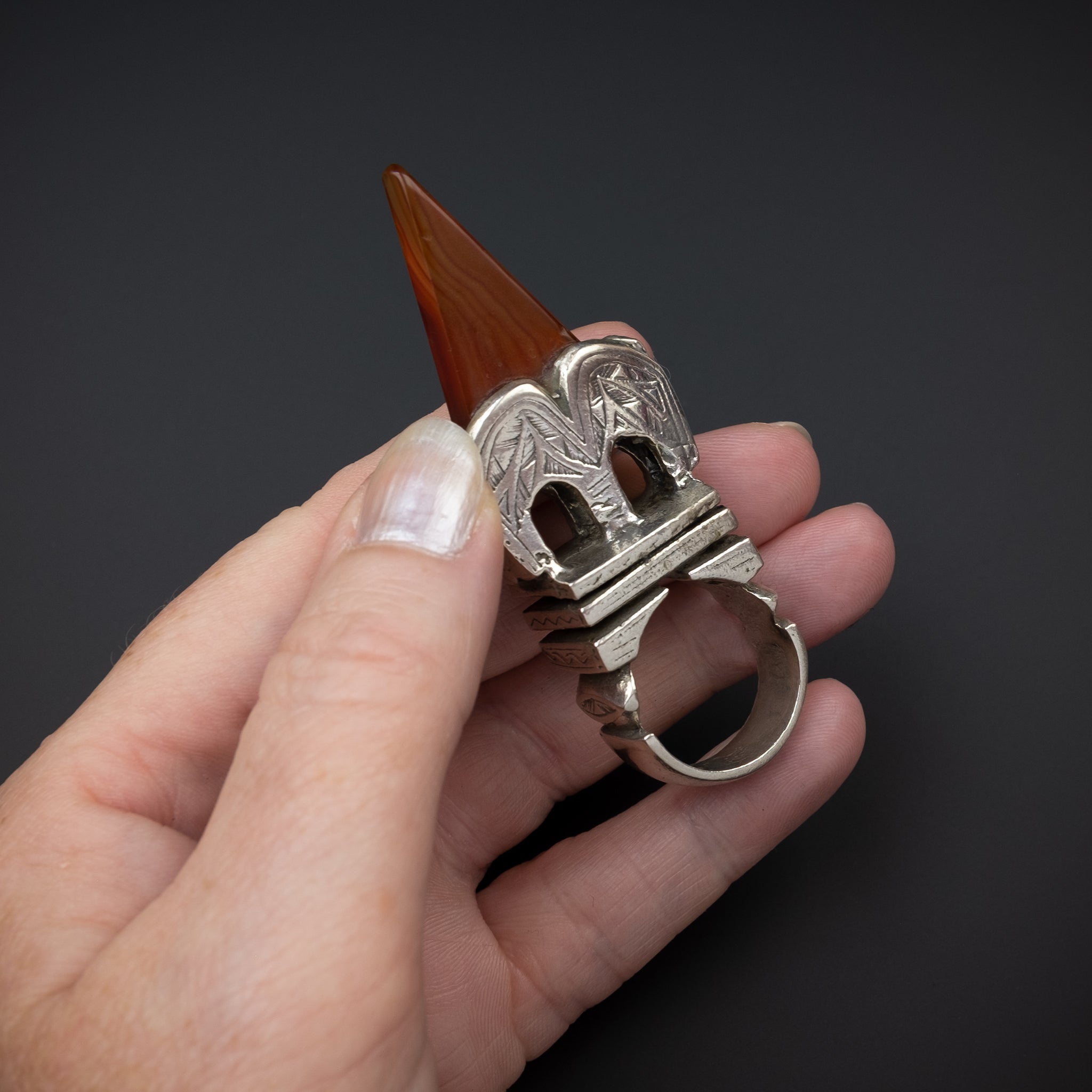 Large Vintage Tuareg Silver and Carnelian Tanfouk/Talhakimt Ceremonial Ring, Mali